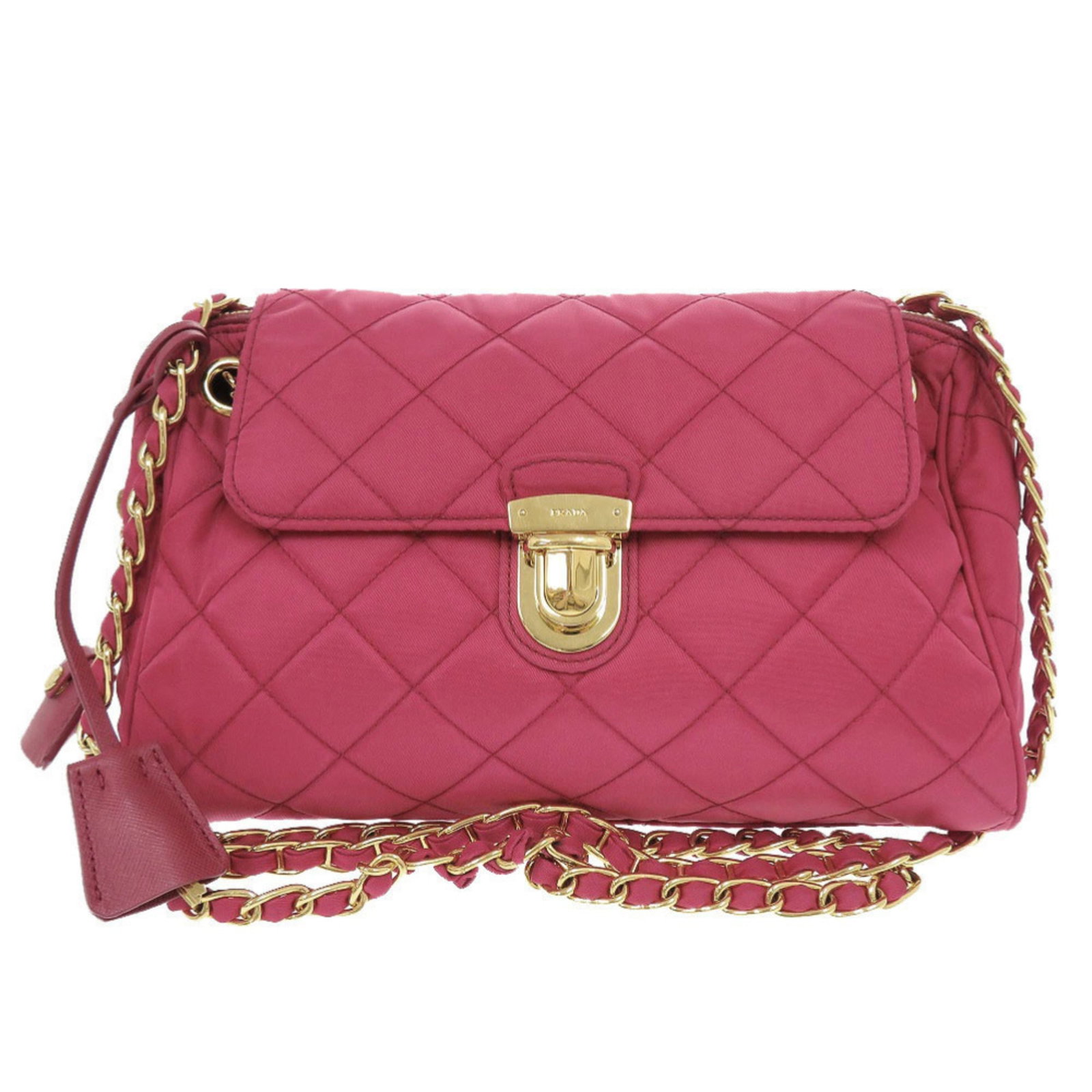 Shoulder Bag Nylon by Prada: Shoulder Bag Nylon by Prada Pink Prada Shoulder Bag in Nylon, featuring gold hardware and two pockets for organization. The bag measures 17cm x 26cm x 12cm and has adjustable strap lengths from 77cm t