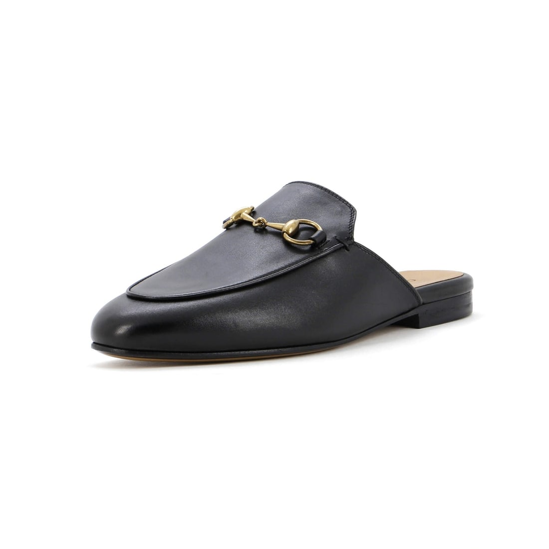 Women's Leather Princetown Gucci Mules: Women's Leather Princetown Gucci Mules Women's Leather Princetown Gucci Mules in black, featuring a classic design with minor scuffs and marks on the outer soles. The shoes boast high-quality leather 