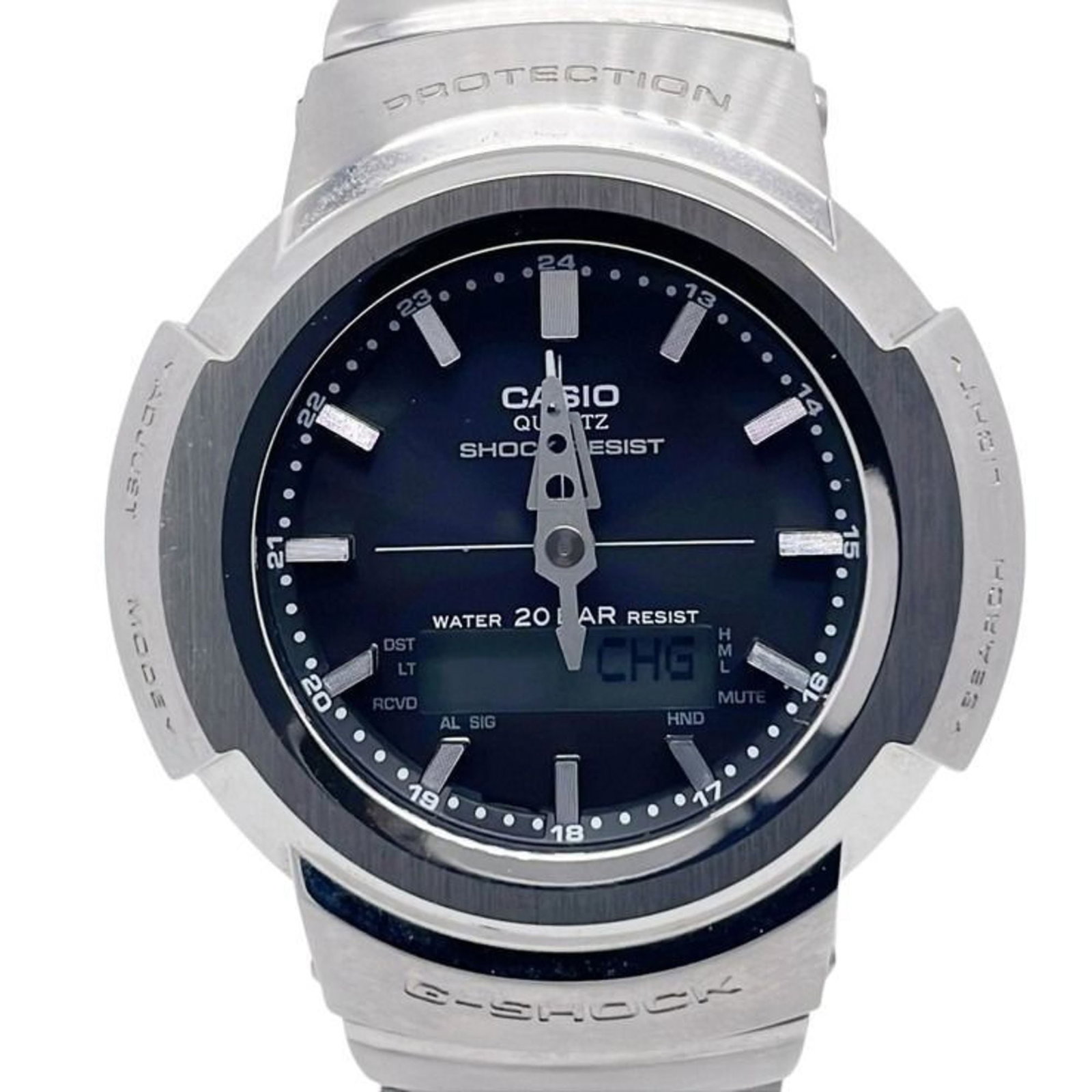 Wristwatch by Casio: Wristwatch by Casio Stainless steel construction provides durability and a sleek look, while the black dial offers a timeless aesthetic. This used Casio wristwatch boasts a 44.5mm case diameter and