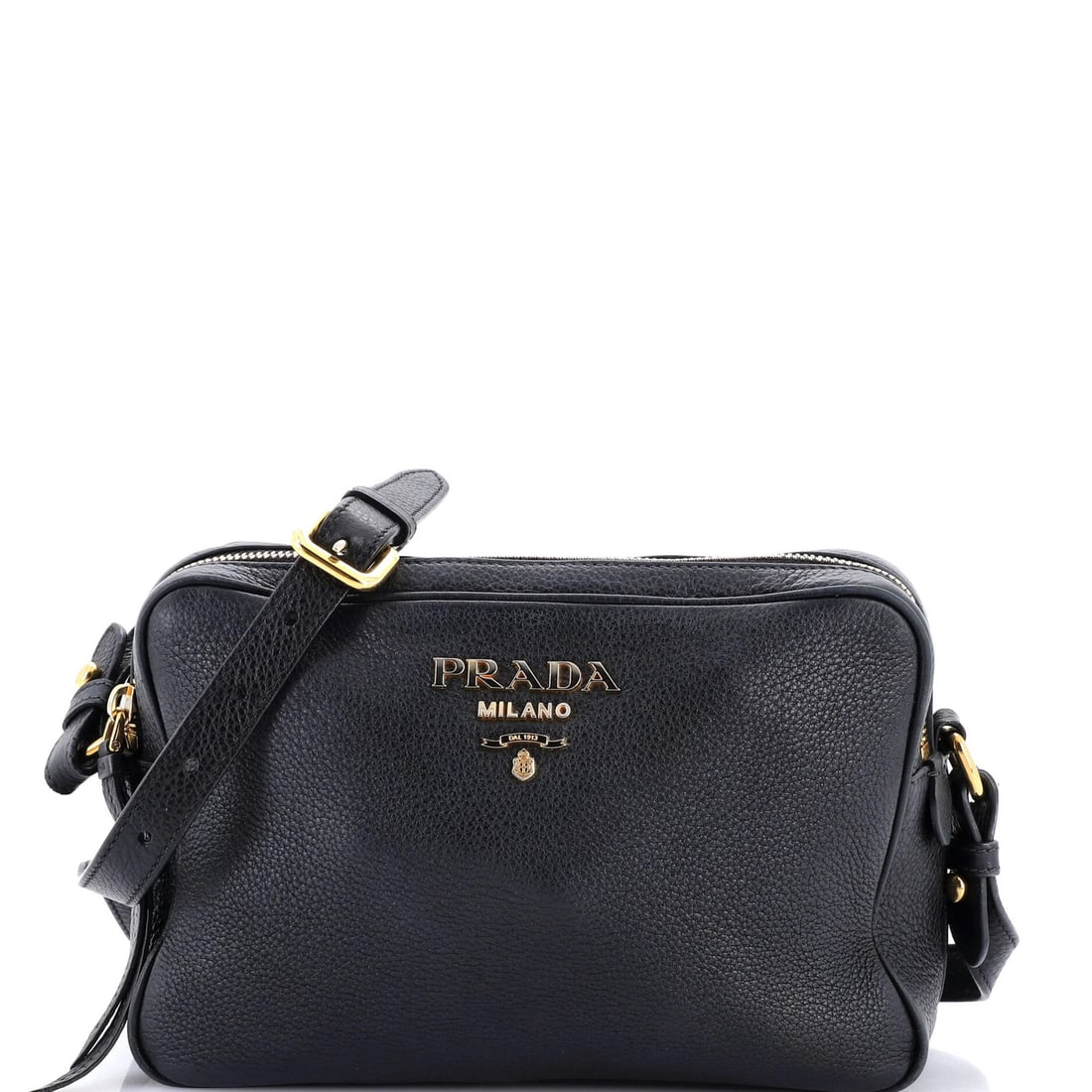 Prada Double Zip Camera Bag Vitello Phenix Medium: Prada Double Zip Camera Bag Vitello Phenix Medium The Prada Double Zip Camera Bag Vitello Phenix Medium boasts sleek, black leather exterior with gold hardware. With its medium size and double zip
