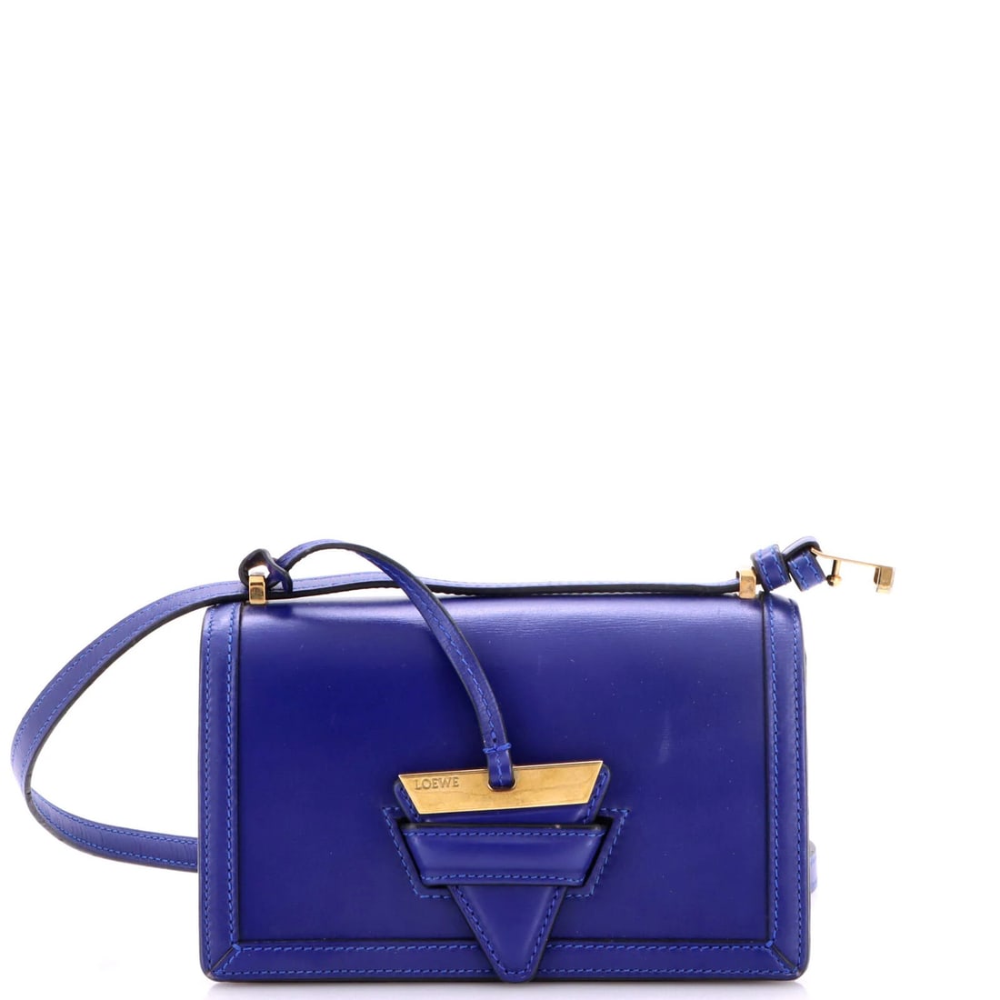 Loewe Barcelona Shoulder Bag Leather Small: Loewe Barcelona Shoulder Bag Leather Small Small, stylish Loewe Barcelona Shoulder Bag in blue leather features gold hardware and a classic cross-body design. Measuring just 5" tall and 7.5" wide,