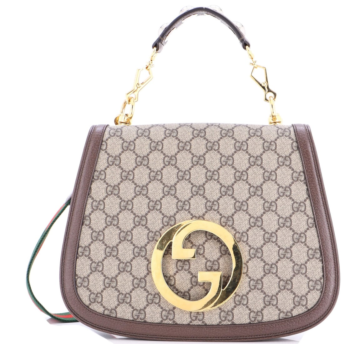 Gucci Blondie Medium Top NM Coated Bag Canvas GG: Gucci Blondie Medium Top NM Coated Bag Canvas GG Canvas GG Coated Medium Top Handle Bag in Brown, featuring a classic design with a neutral interior and aged gold hardware. This Very Good condition