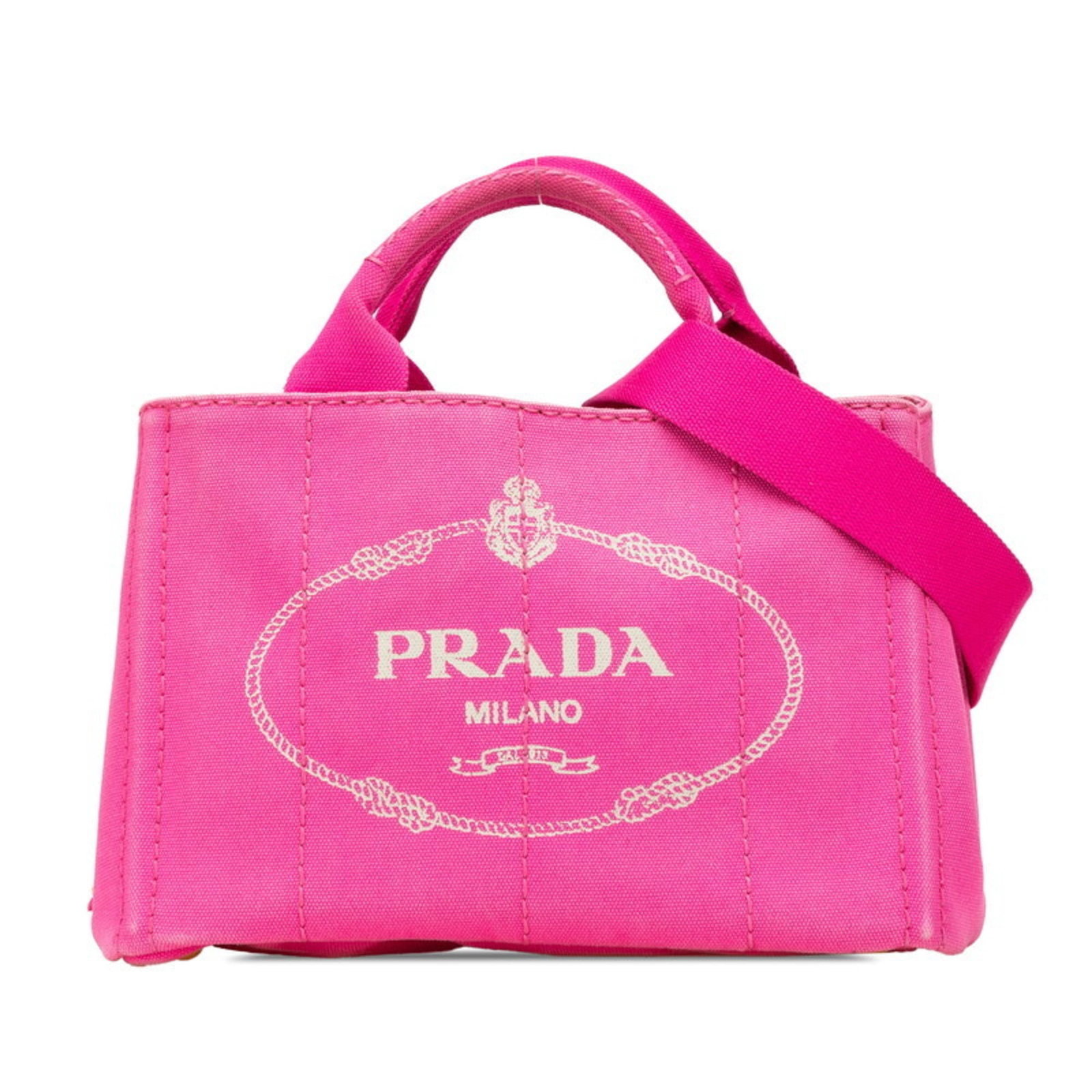 Prada Handbag Shoulder Bag Canvas: Prada Handbag Shoulder Bag Canvas Canvas Prada shoulder bag in pink, featuring an open closure and measuring 19cm x 30cm x 17cm. The bag shows traces of usage with minor scratches and dirt, but
