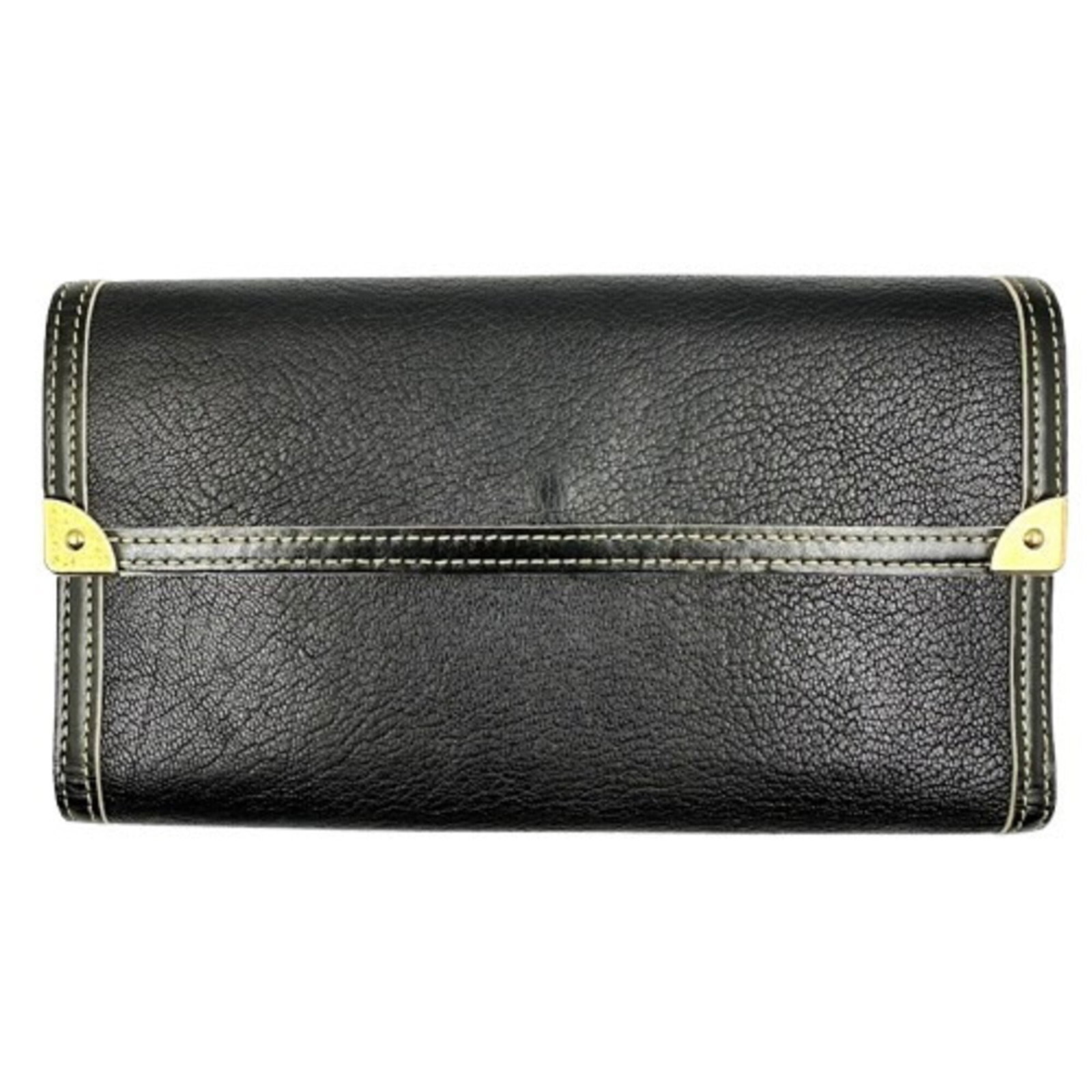 Long Wallet Leather Tri Fold Louis Vuitton: Long Wallet Leather Tri Fold Louis Vuitton Black leather tri-fold wallet from Louis Vuitton, measuring 11cm x 19cm x 2.7cm, with traces of usage and minor scratches visible. This used long wallet