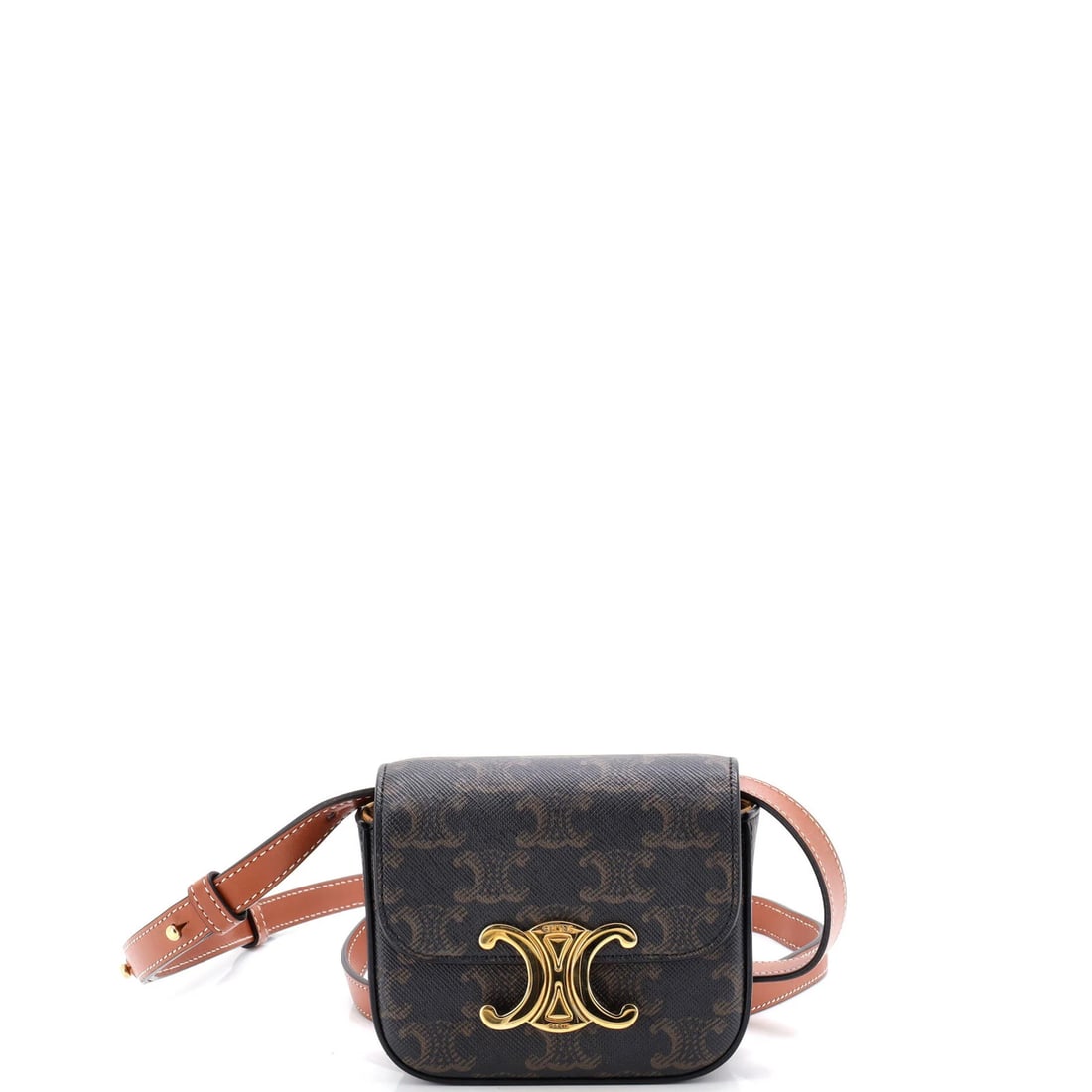 Mini Coated Canvas Shoulder Bag Celine Triomphe: Mini Coated Canvas Shoulder Bag Celine Triomphe The Celine Triomphe Mini Shoulder Bag boasts a chic, brown canvas coated exterior with gold hardware. With its compact size and stylish design, this min
