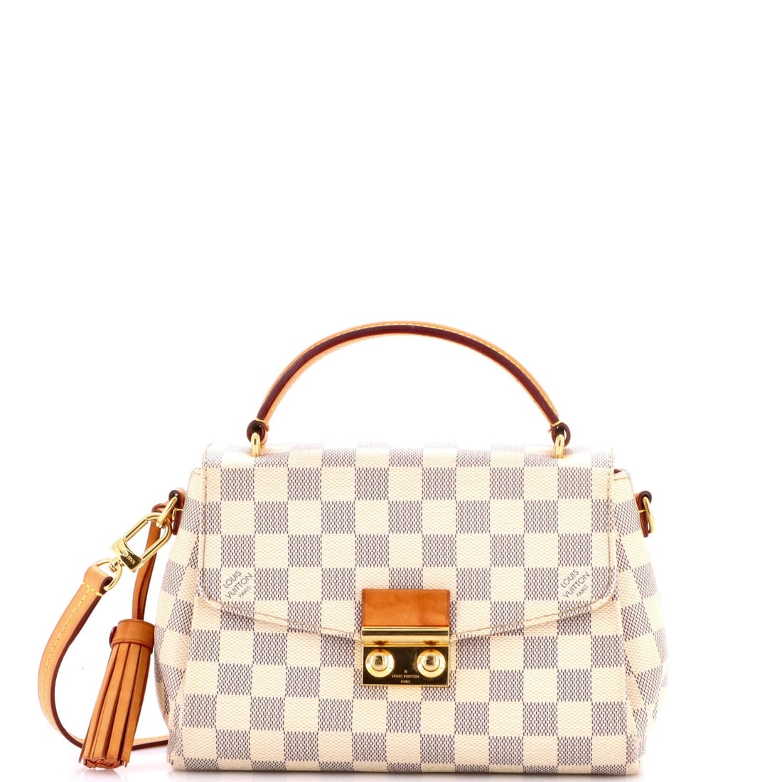 Croisette Damier Handbag Louis Vuitton: Croisette Damier Handbag Louis Vuitton White canvas coated Louis Vuitton Croisette Damier handbag with gold hardware, featuring a classic cross body design and tassel detail. The bag boasts a timeless