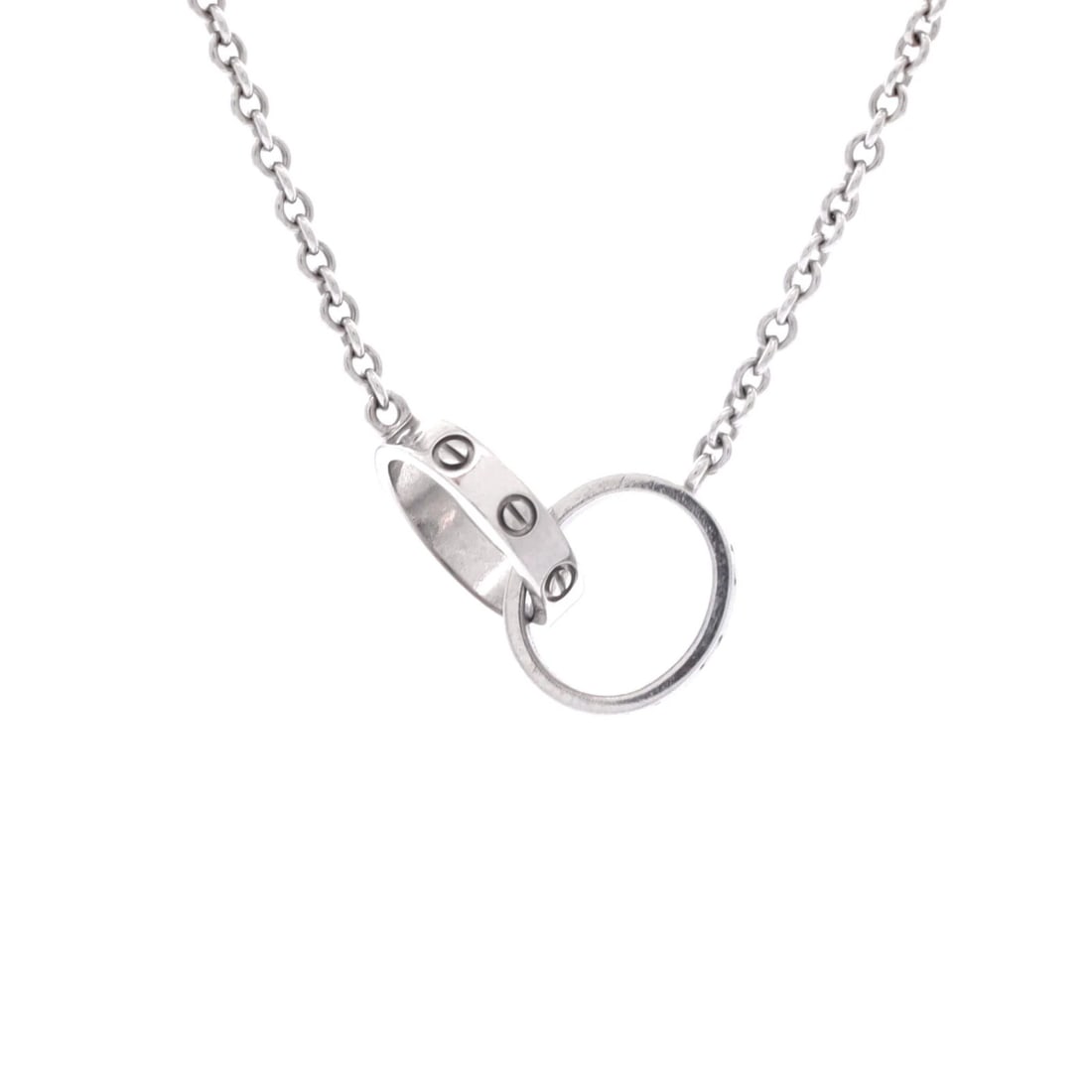 Love Interlocking Cartier Necklace Gold White 18K: Love Interlocking Cartier Necklace Gold White 18K 18K White Gold Interlocking Necklace from Cartier, featuring an unknown main stone set in a delicate 0.75" pendant on a 16.25" chain, showcasing the i