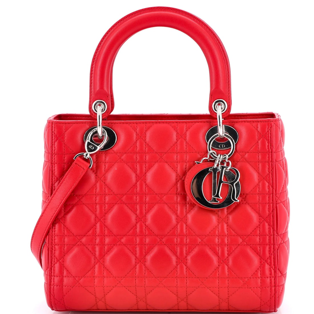 Christian Dior Lady Dior Bag Cannage Quilt Lambskin Medium: Christian Dior Lady Dior Bag Cannage Quilt Lambskin Medium The Christian Dior Lady Dior Bag Cannage Quilt Lambskin Medium boasts sleek, red leather exterior and subtle gray interior, perfectly
