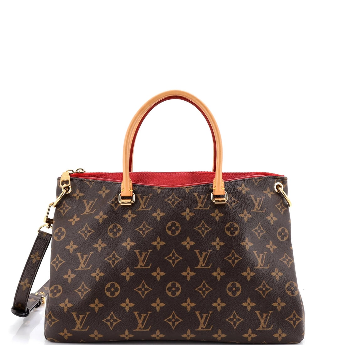 Louis Vuitton Pallas Tote Monogram Canvas with Leather: Louis Vuitton Pallas Tote Monogram Canvas with Leather Red Louis Vuitton Pallas Tote Monogram Canvas with Leather, featuring a classic shoulder bag design with a signature monogram pattern and gold