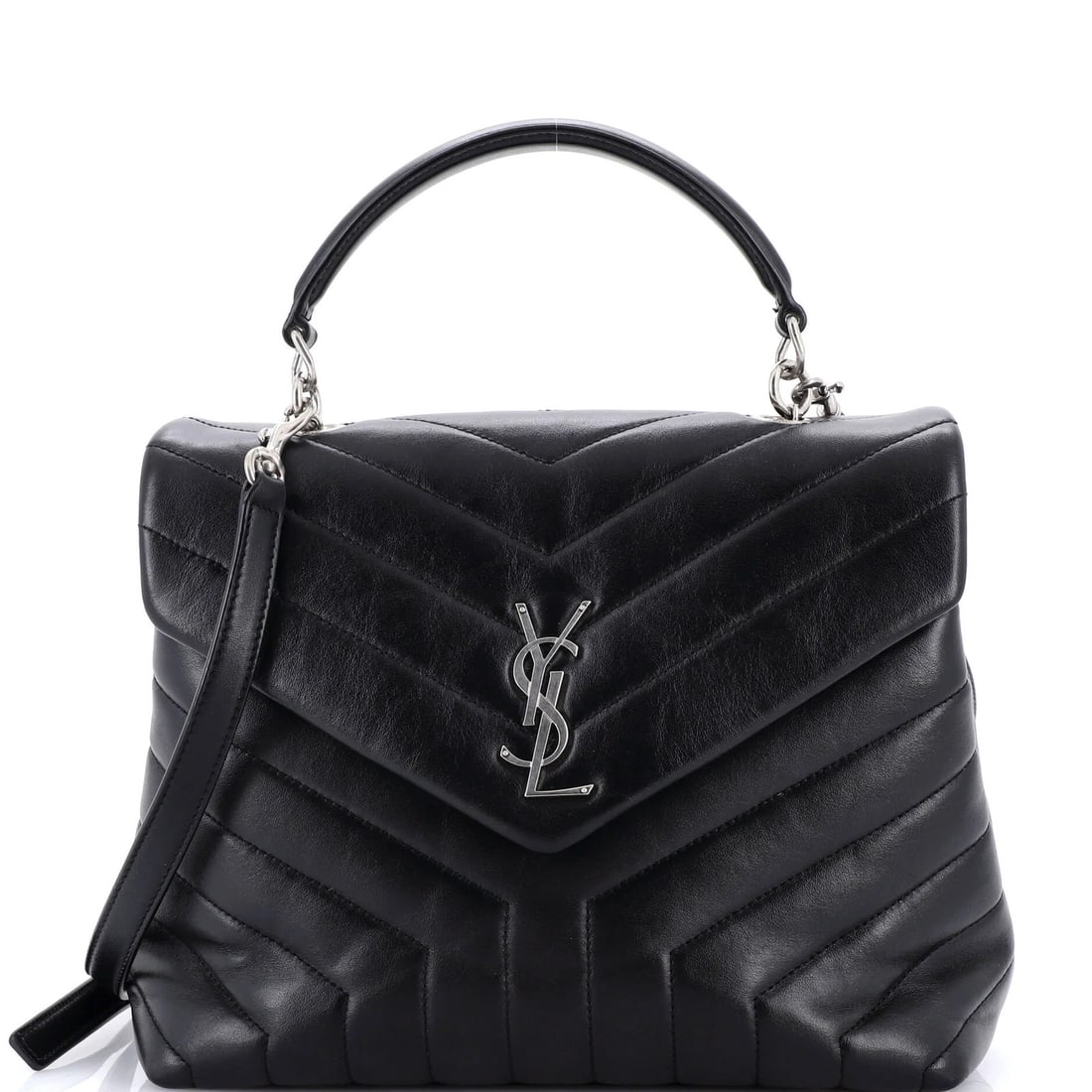 Saint Laurent LouLou medium leather bag Matelasse chevron top with handle.: Saint Laurent LouLou medium leather bag Matelasse chevron top with handle. The Saint Laurent LouLou medium leather bag boasts a striking Matelasse chevron top, adding a touch of sophistication to its