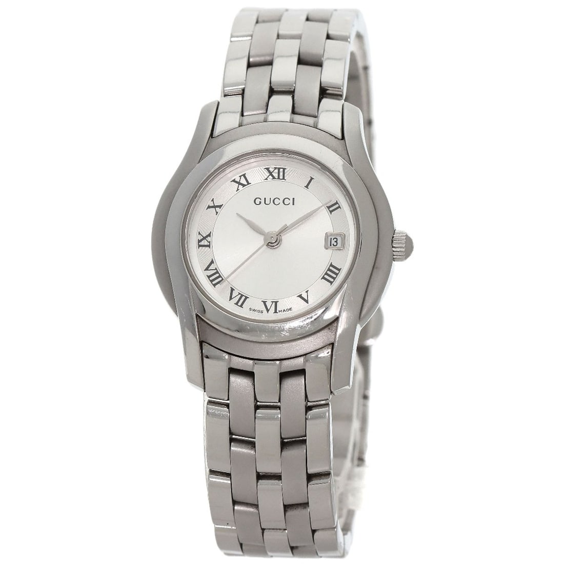 Gucci Round Face Watches 5500L Stainless Steel/ Stainless Steel: Gucci Round Face Watches 5500L Stainless Steel/ Stainless Steel Stainless steel case and band provide a sleek, modern look for the Gucci round face watch. The quartz movement ensures accurate timekeep