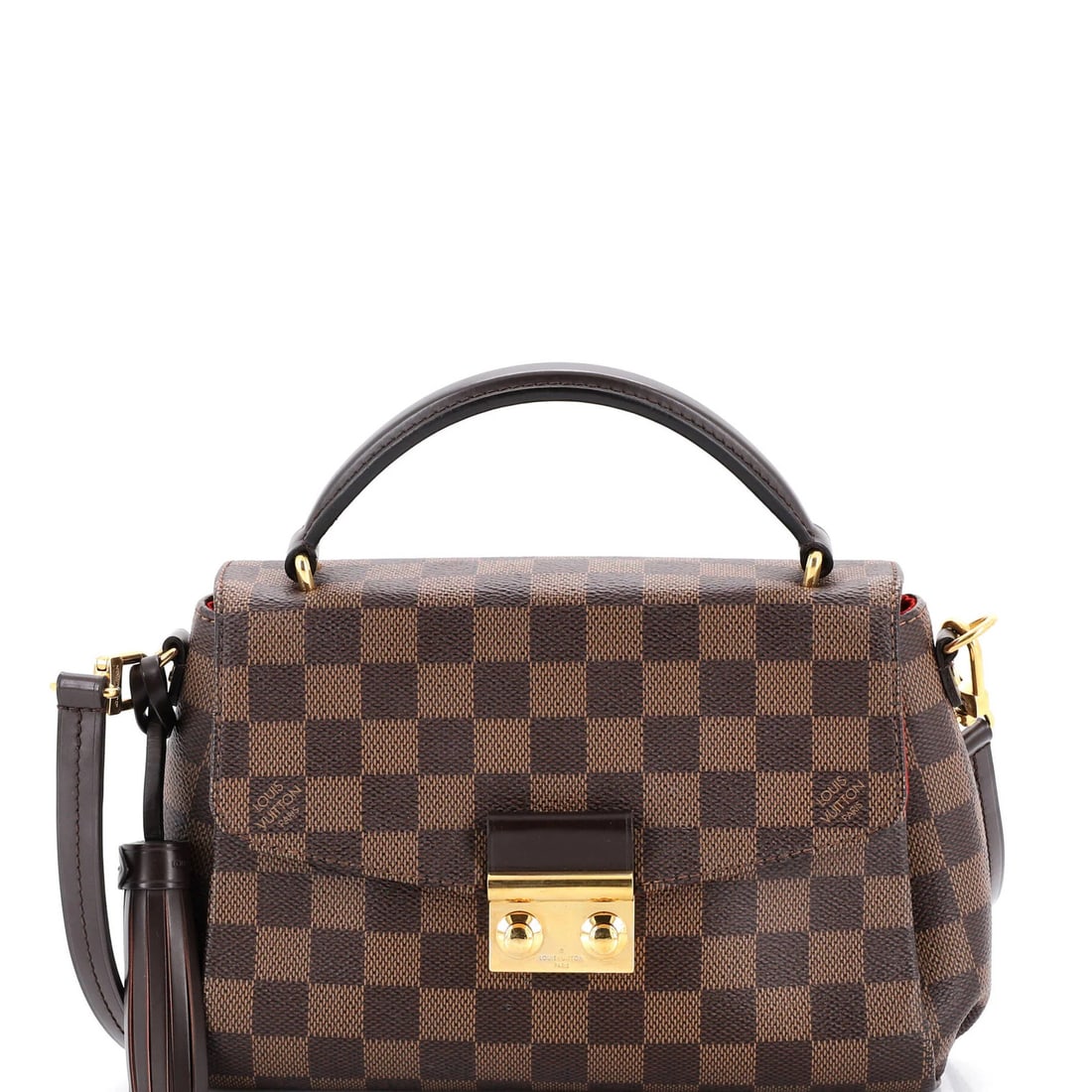 Croisette Damier Handbag Louis Vuitton: Croisette Damier Handbag Louis Vuitton The Croisette Damier Handbag from Louis Vuitton boasts a timeless design with a classic brown canvas exterior, adorned with a striking red interior. This cross-b