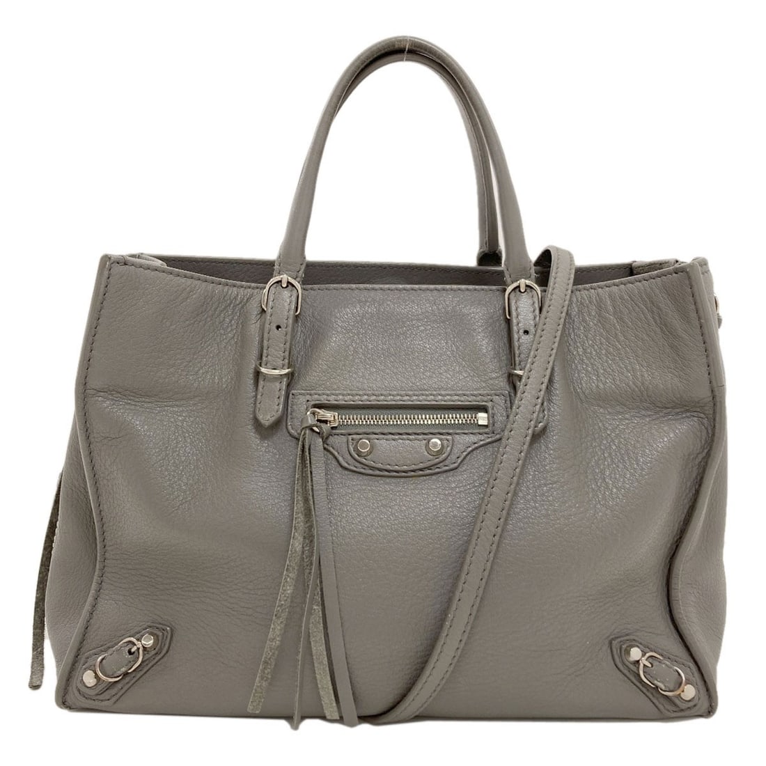 Balenciaga 370926 Paper 2Way Handbag Leather: Balenciaga 370926 Paper 2Way Handbag Leather Balenciaga's Paper 2Way Handbag features a sleek, gray leather exterior. The bag's design showcases the brand's signature 2-way closure, allowing for
