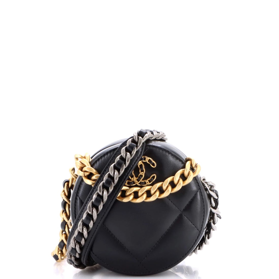 Chain quilted leather round clutch with chain Chanel 19: Chain quilted leather round clutch with chain Chanel 19 Chain quilted leather round clutch with chain Chanel 19. This black, quilted leather round clutch features a unique chain detail and measures