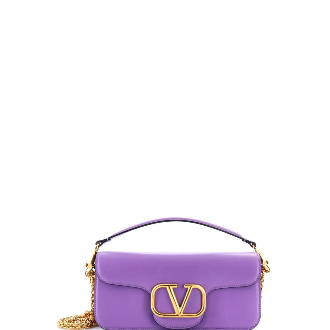 Garavani VLogo Bag Medium Leather Shoulder Flap Loco Valentino: Garavani VLogo Bag Medium Leather Shoulder Flap Loco Valentino Purple leather medium-sized shoulder bag with VLogo Loco Flap design, featuring gold hardware and minor scratches. The exterior has
