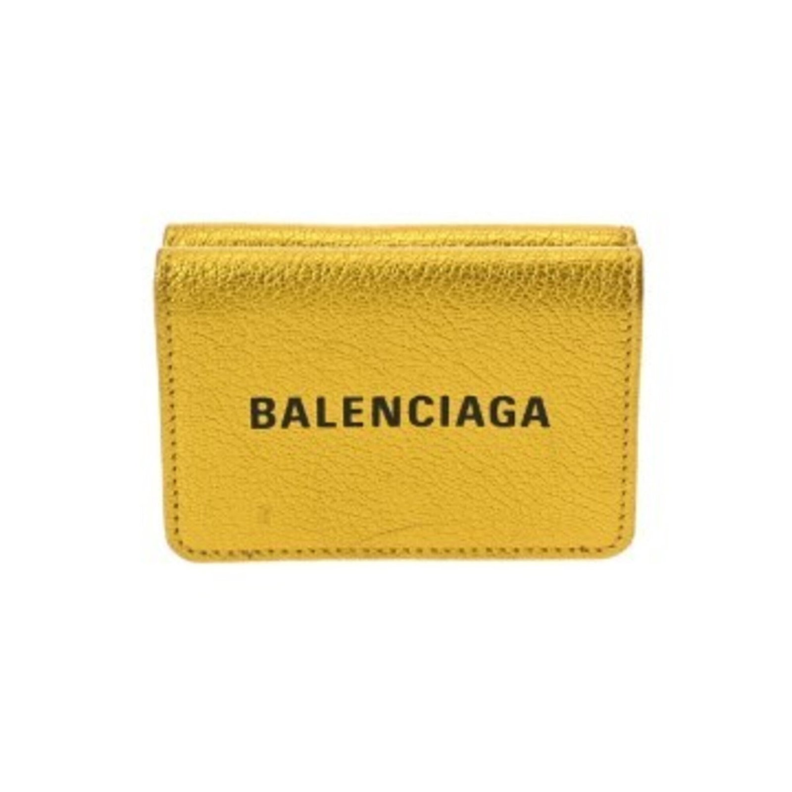 Balenciaga Wallet (Tri-Fold) Leather: Balenciaga Wallet (Tri-Fold) Leather The Balenciaga wallet boasts a sleek metallic gold finish, complemented by its tri-fold design for effortless organization. Made from high-quality leather, this