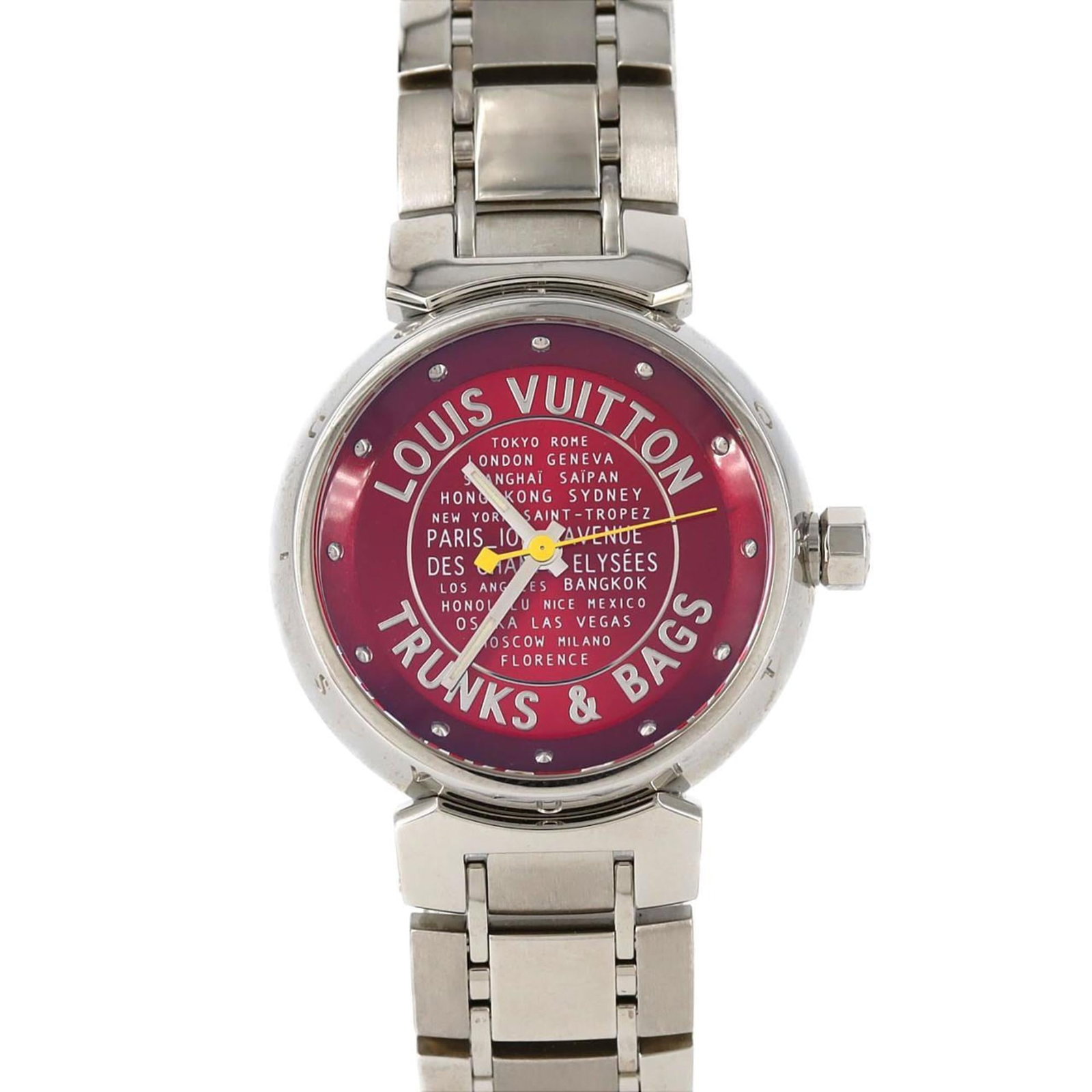 Louis Vuitton Wristwatch: Louis Vuitton Wristwatch Stainless steel case and band add an edgy touch to this Louis Vuitton wristwatch, featuring a striking red dial. The watch boasts an analog display and measures 28mm in diamet