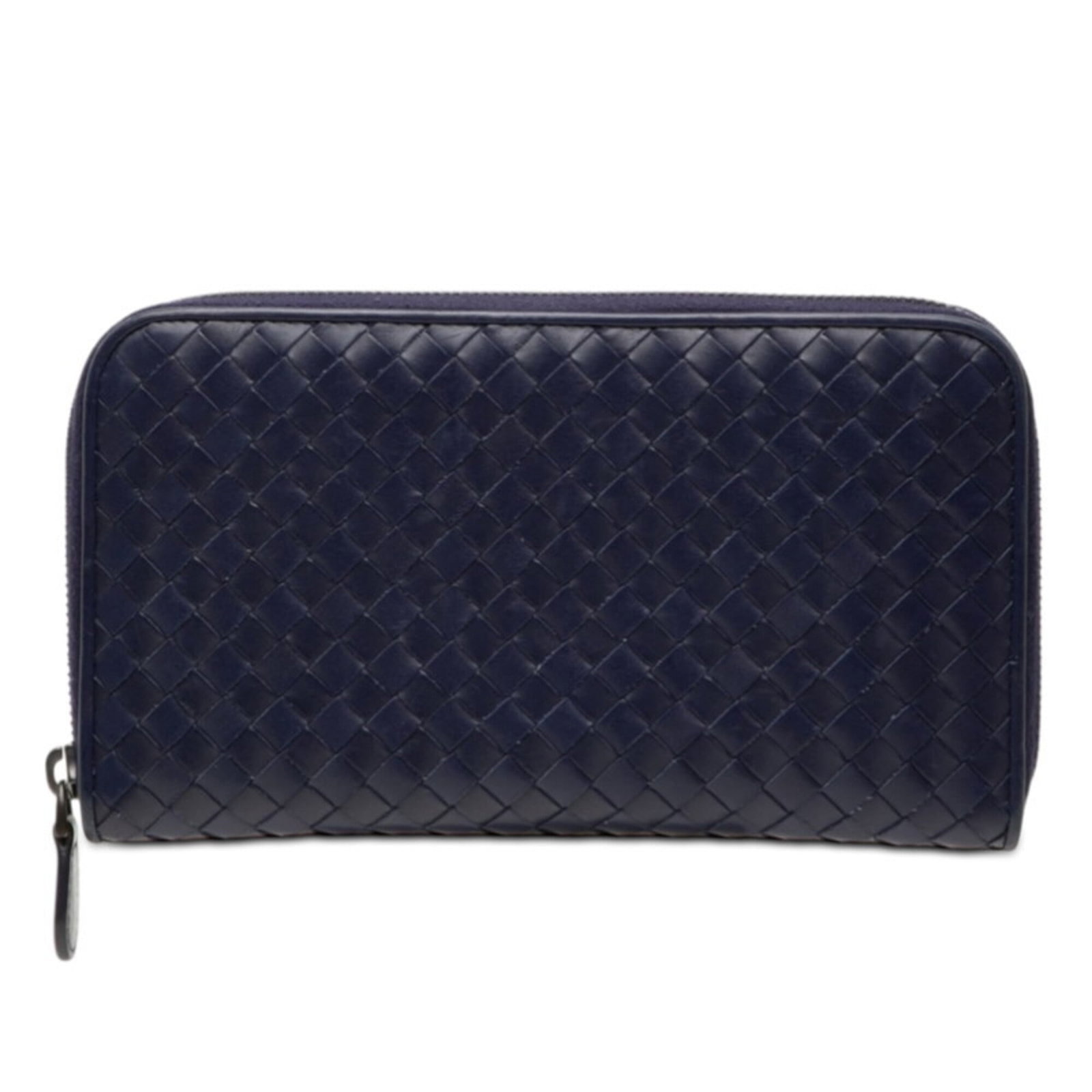 Leather Wallet Long Bi Fold Bottega Veneta: Leather Wallet Long Bi Fold Bottega Veneta Navy leather long bi-fold wallet from Bottega Veneta, featuring a classic design with subtle scratches and signs of usage. This pre-owned item measures 12cm