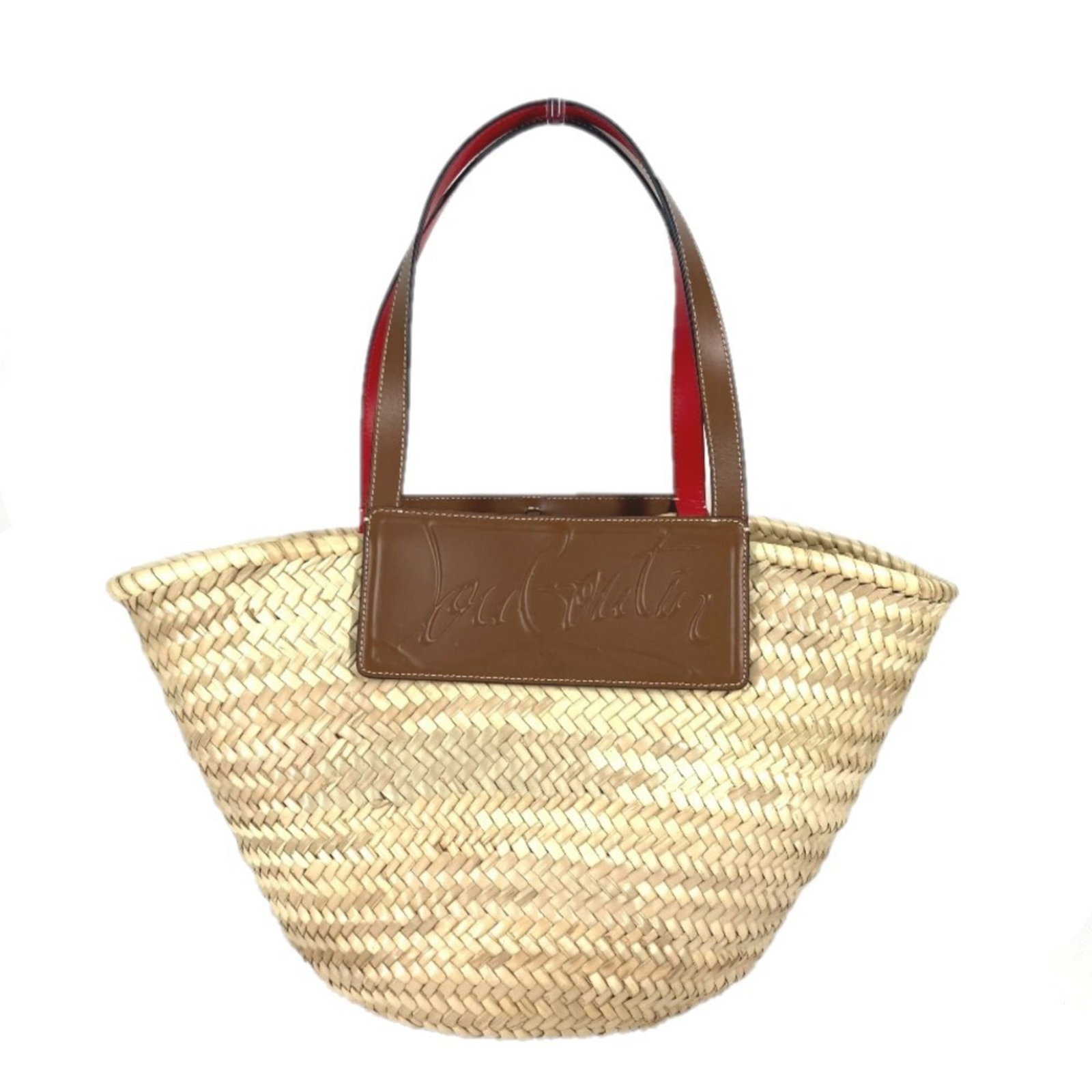 Raffia leather tote bag by Christian Louboutin: Raffia leather tote bag by Christian Louboutin Raffia leather tote bag by Christian Louboutin, featuring high-quality materials and a classic design. This beige and brown tote measures 26cm x 50cm x 2