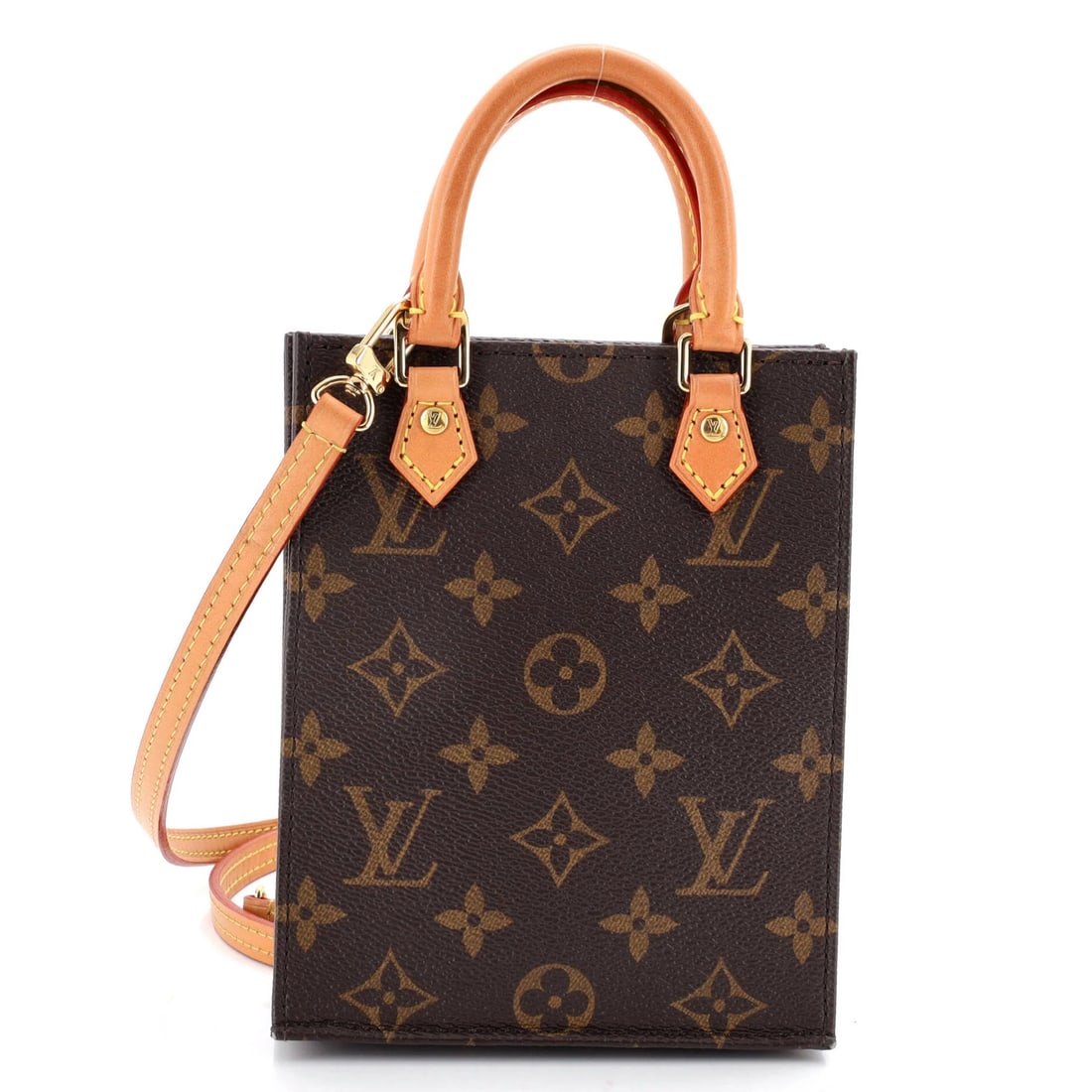 Sac Petit Monogram Bag Canvas Louis Vuitton: Sac Petit Monogram Bag Canvas Louis Vuitton Brown canvas coated Louis Vuitton Petit Sac Plat bag with gold hardware, featuring minor creases and scratches. The cross body design has a handle drop of