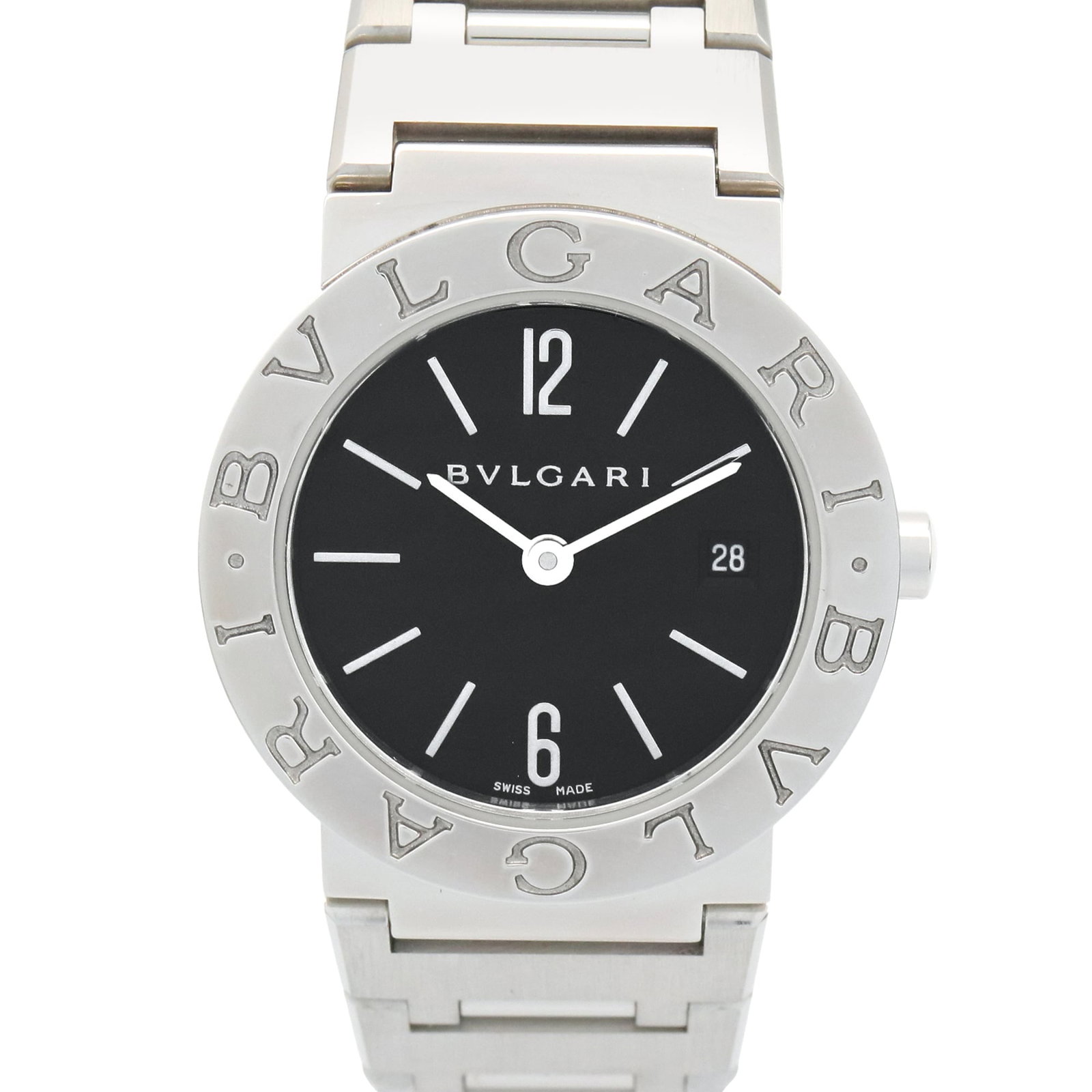 Bvlgari Wristwatch: Bvlgari Wristwatch Stainless steel case and band add a sleek touch to this Bvlgari wristwatch, available in black with a subtle contrast. The 26mm diameter case fits comfortably on wrists up to