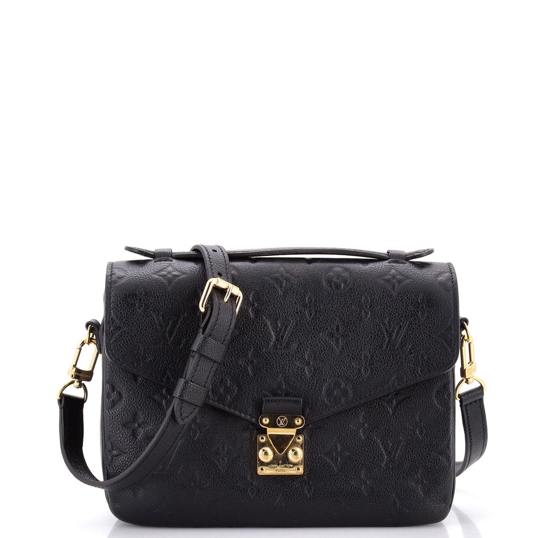 Vuitton Monogram Leather Empreinte Pochette Louis: Vuitton Monogram Leather Empreinte Pochette Louis The Vuitton Monogram Leather Empreinte Pochette Louis boasts a sleek black exterior with subtle signs of wear, adding to its unique patina. Its classi