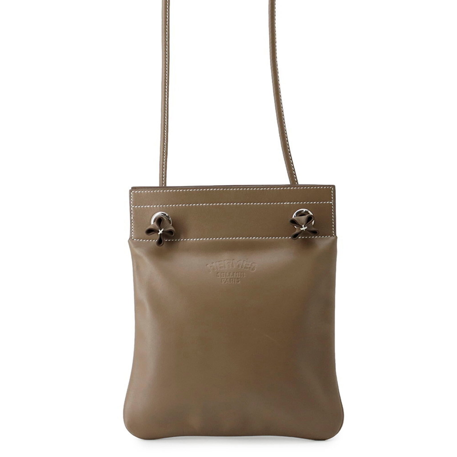 Swift leather shoulder bag by Hermes: Swift leather shoulder bag by Hermes Swift leather shoulder bag by Hermes, featuring swift leather material in Etoupe Gray color. This used (very good) condition bag has a few traces of usage and some