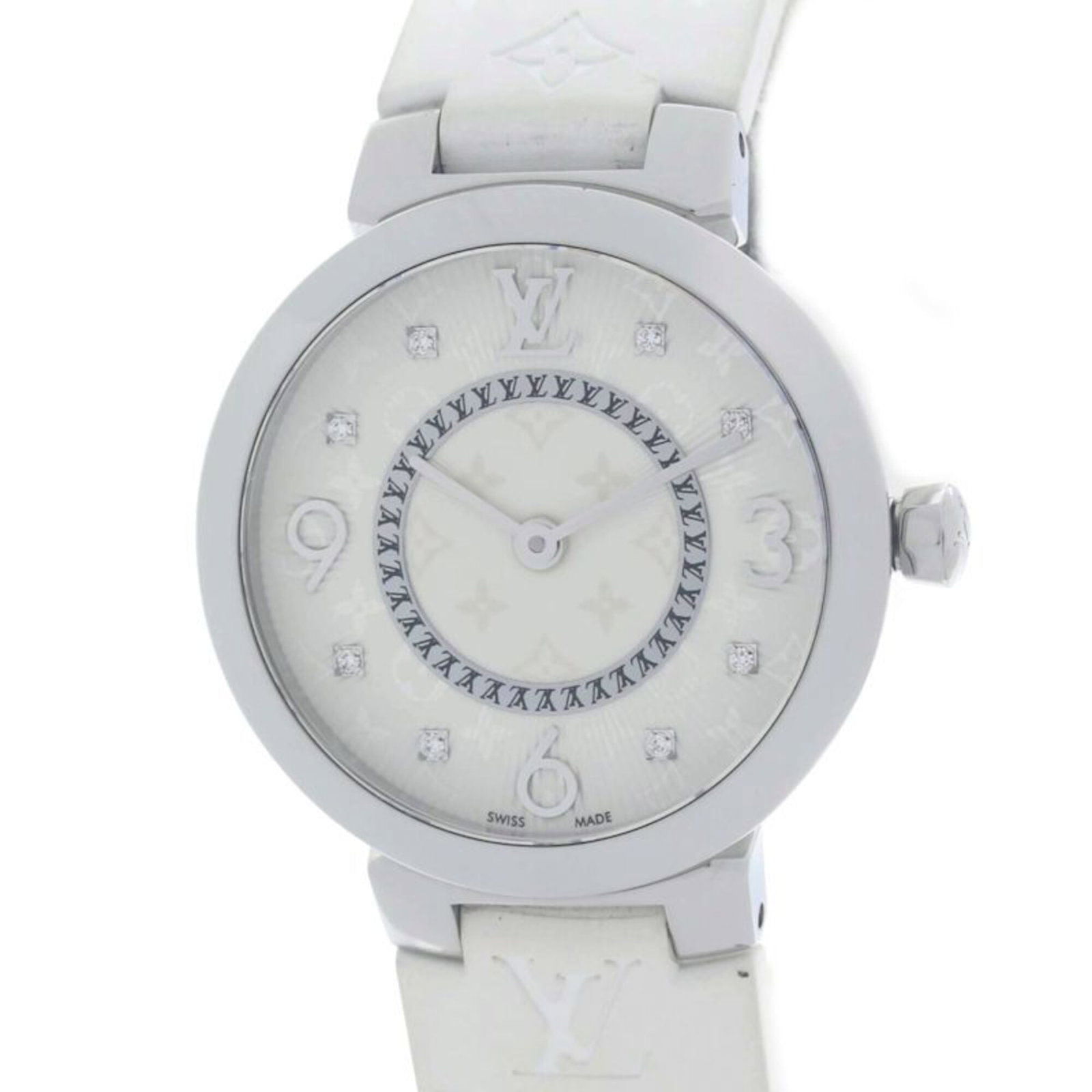 Louis Vuitton Wristwatch: Louis Vuitton Wristwatch Stainless steel case provides a sleek, modern look for the Louis Vuitton wristwatch. The silver dial and rubber band add to its stylish design. With a diameter of 28mm, this w