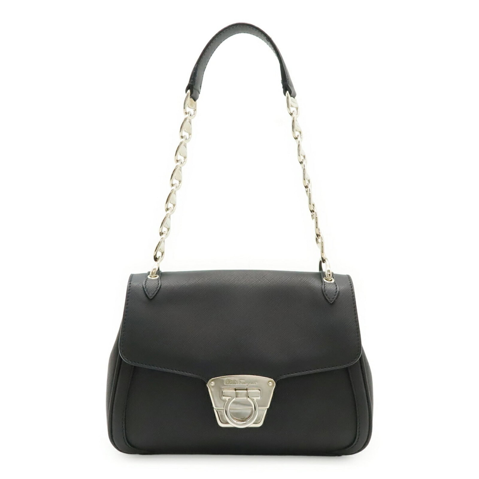 Ferragamo Salvatore Handbag Leather: Ferragamo Salvatore Handbag Leather This Salvatore Ferragamo handbag features sleek black leather and silver hardware, showcasing the iconic Italian brand's signature style. With its classic design