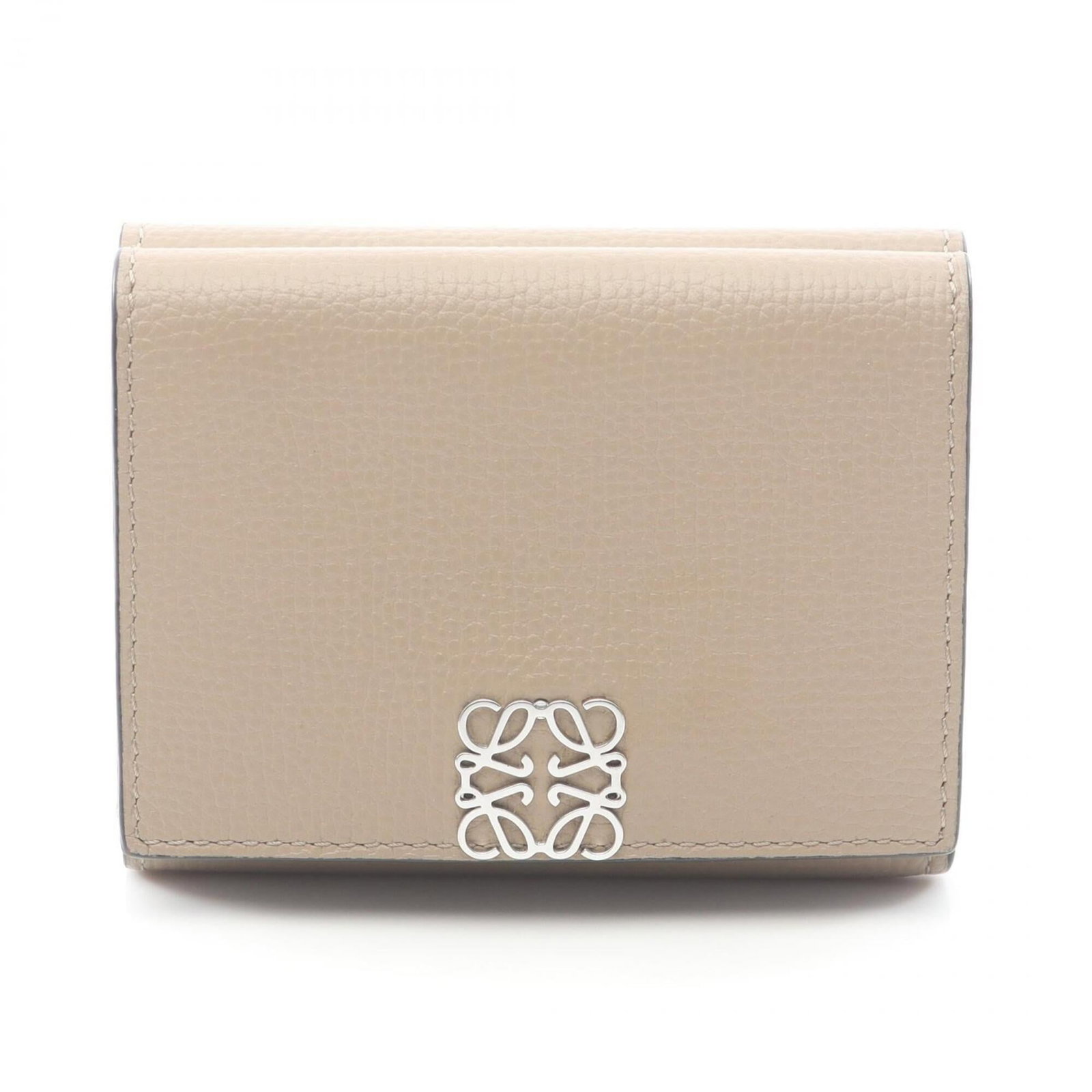 Loewe Wallet (Tri-Fold) Leather: Loewe Wallet (Tri-Fold) Leather Tri-fold leather wallet from Loewe, featuring a classic design with three layers. This used beige wallet has visible traces of usage and minor scratches, but remains in