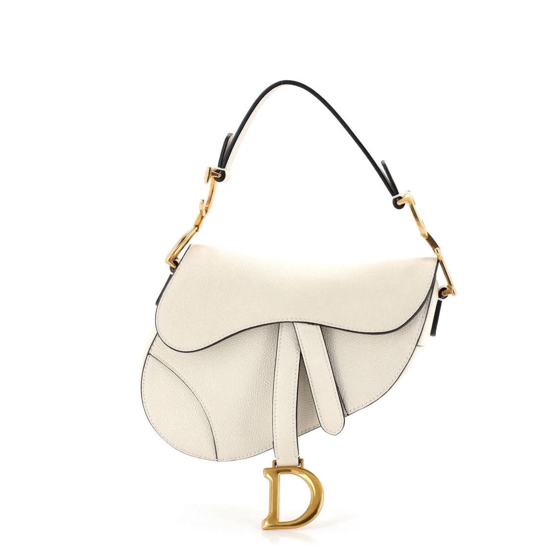 Mini leather saddle handbag by Christian Dior: Mini leather saddle handbag by Christian Dior The Mini Saddle Handbag by Christian Dior boasts sleek, white leather exterior and suede interior, featuring aged gold hardware. This compact shoulder