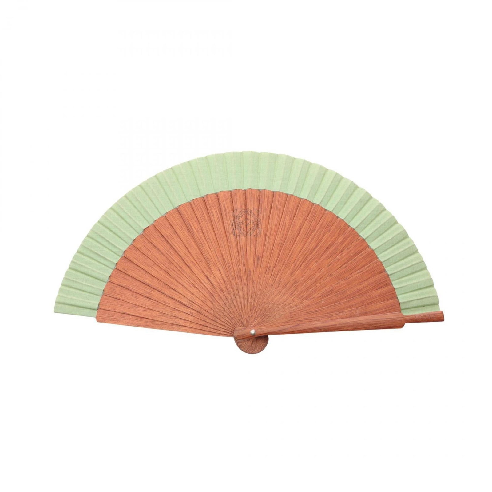 Folding Fan Wood by Loewe: Folding Fan Wood by Loewe Folding Fan by Loewe features a wooden design, characteristic of the brand's craftsmanship. The fan has some traces of usage, with minor scratches and dirt visible, but remai