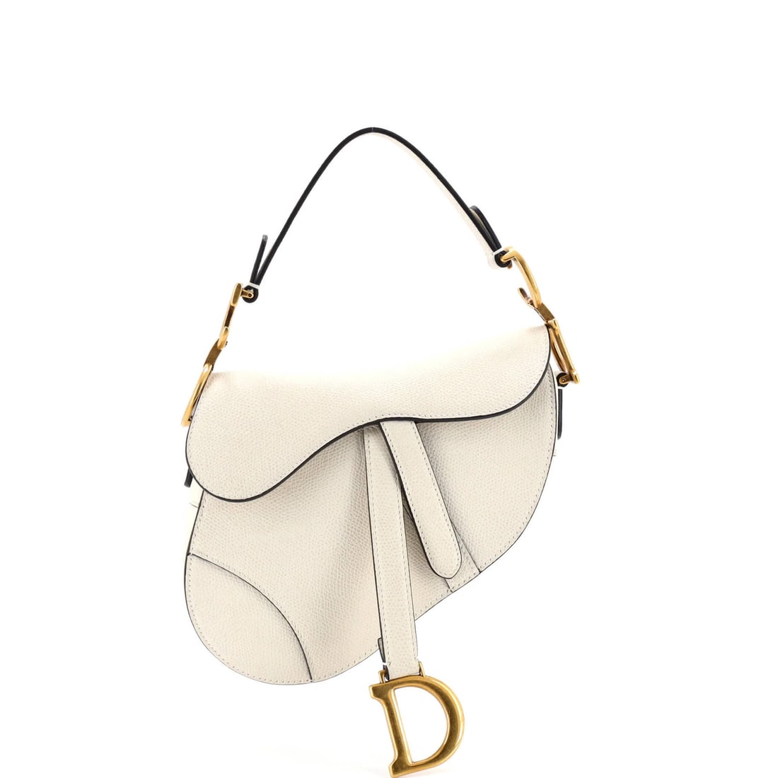 Mini leather saddle handbag by Christian Dior: Mini leather saddle handbag by Christian Dior White leather mini saddle handbag by Christian Dior, featuring a timeless design with clean lines and classic style. The bag's exterior shows signs of