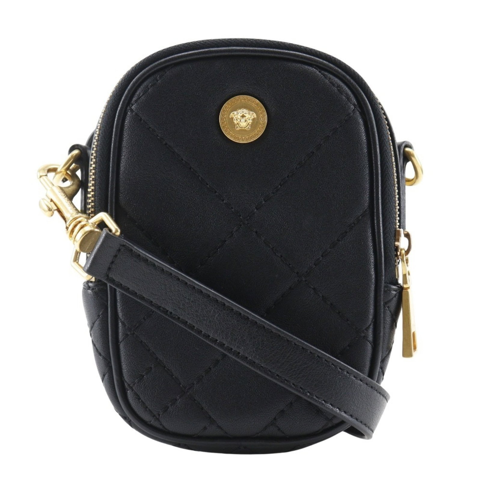 Shoulder Bag Versace Leather Pouch: Shoulder Bag Versace Leather Pouch This black leather shoulder bag from Versace features a sleek and modern design. Made from high-quality leather, it has a compact size with dimensions of 17cm x 11cm