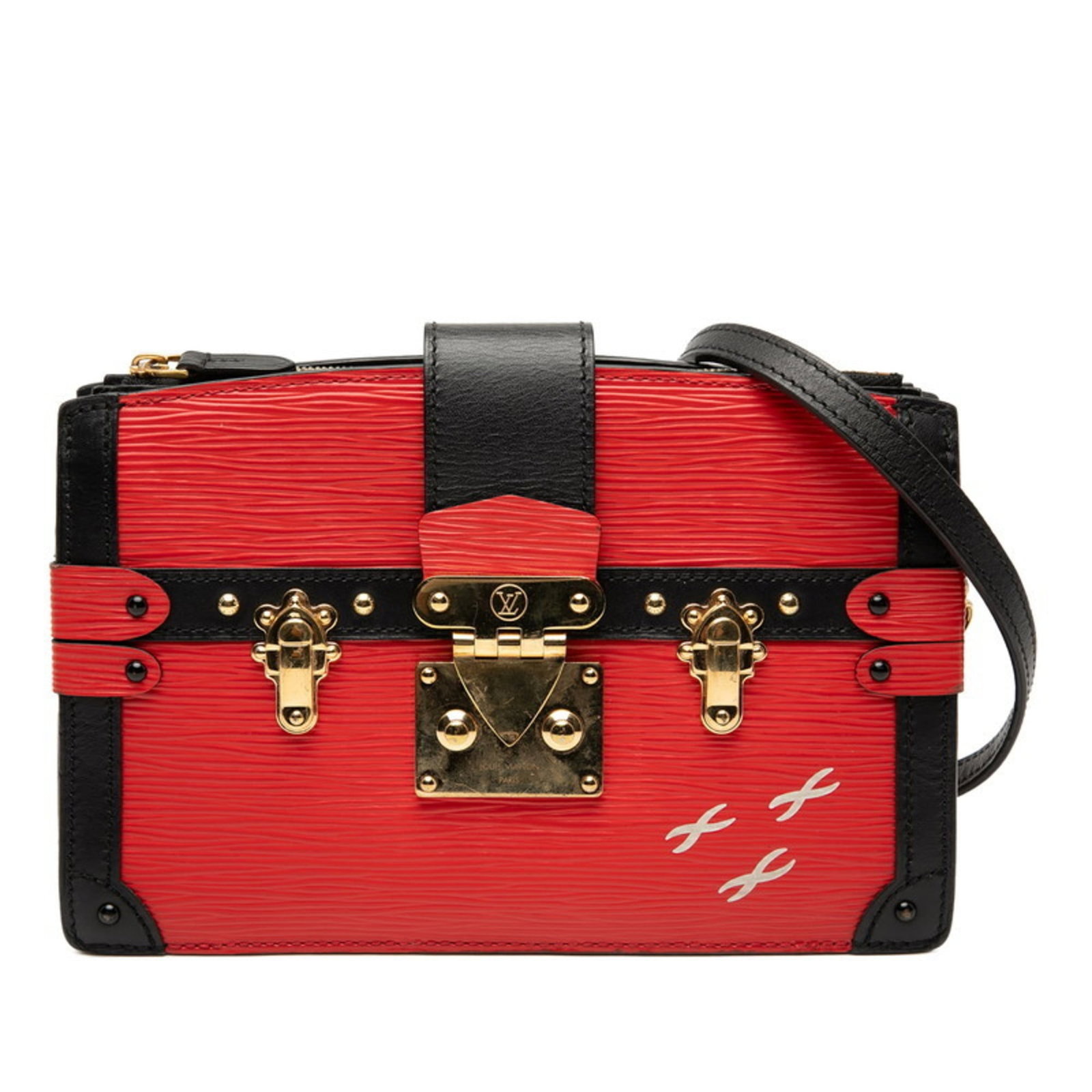 Shoulder Bag Leather Vuitton Louis: Shoulder Bag Leather Vuitton Louis Black and Rouge leather shoulder bag from Louis Vuitton, featuring a classic design with a 14.5cm x 22.5cm x 6cm size. The bag shows traces of usage, including scrat