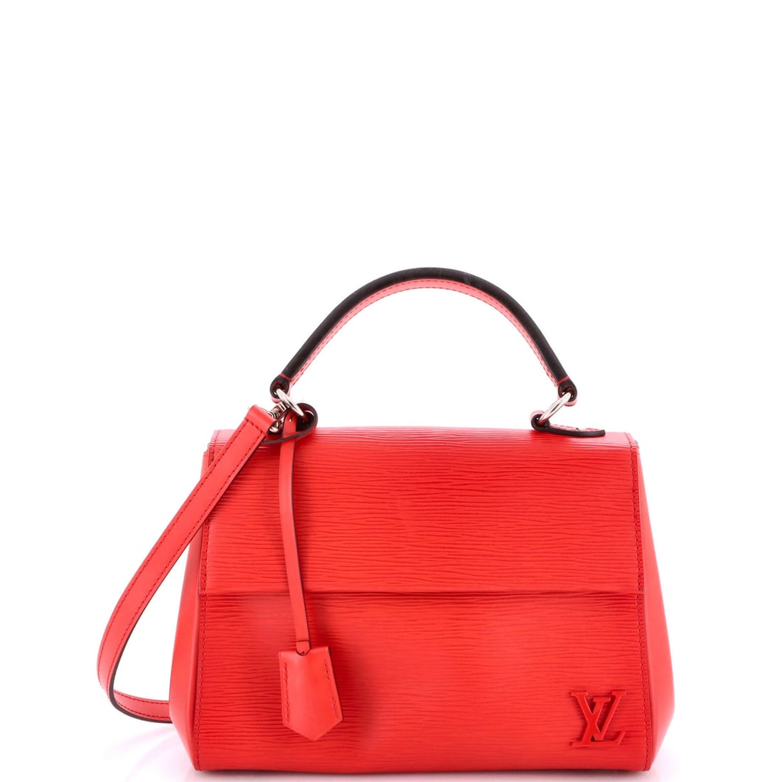 Cluny Handle Top Bag Leather Epi Louis Vuitton: Cluny Handle Top Bag Leather Epi Louis Vuitton Red Cluny Top Handle Bag with Epi Leather and Clochette. This Louis Vuitton bag features top handle design, minor scuffs on exterior, and a clochette
