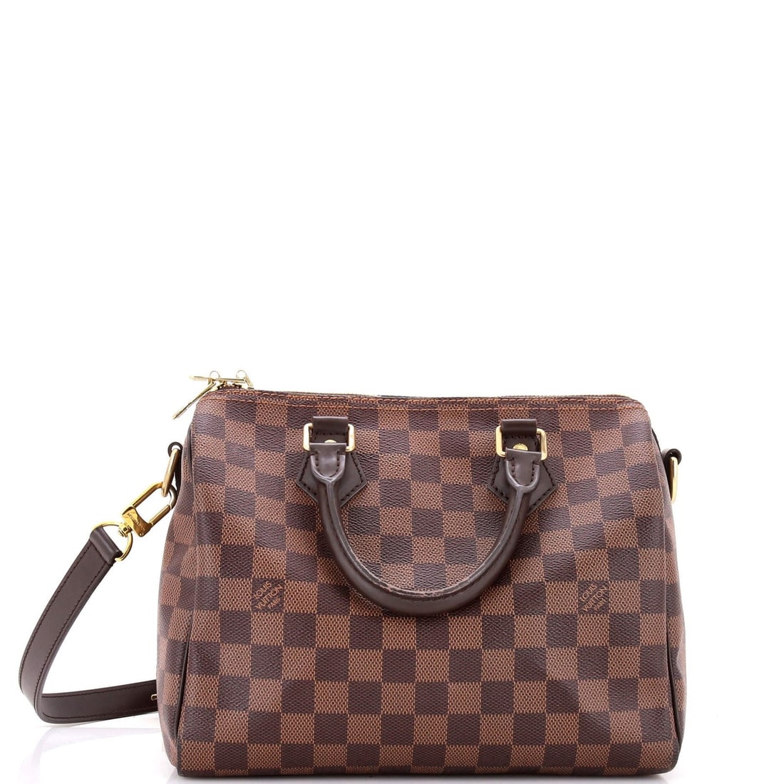 Louis Vuitton Speedy Damier 25 Bag: Louis Vuitton Speedy Damier 25 Bag The Louis Vuitton Speedy Damier 25 Bag features a classic brown canvas coated exterior with subtle scuffs and corner wear, giving it a well-loved and worn-in look.
