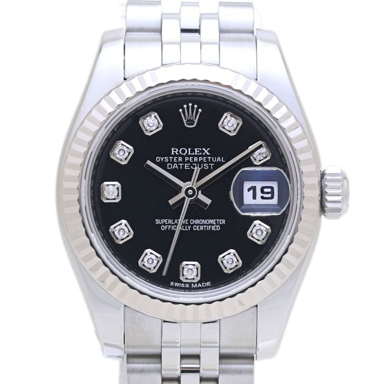 Rolex Wristwatch: Rolex Wristwatch Stainless Steel and White Gold 18K Rolex Wristwatch, featuring an elegant black dial and adorned with diamonds. This pre-owned timepiece boasts a classic design, measuring 26mm in dia
