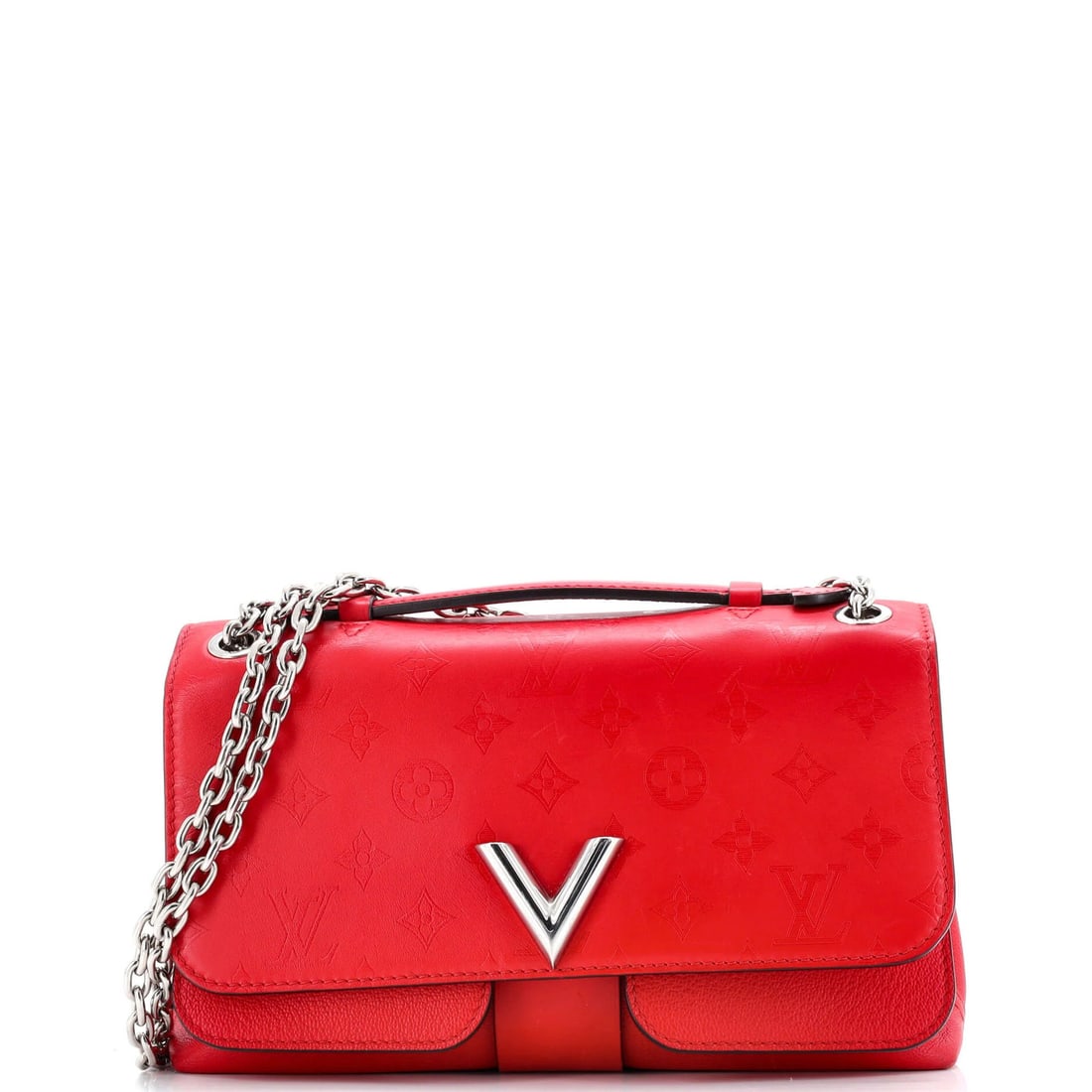 Monogram Leather Bag Very Chain Louis Vuitton: Monogram Leather Bag Very Chain Louis Vuitton Red Monogram Leather Louis Vuitton Very Chain Bag with scuffs, minor creases, and corner wear on the exterior, and scuffs inside. This bag features
