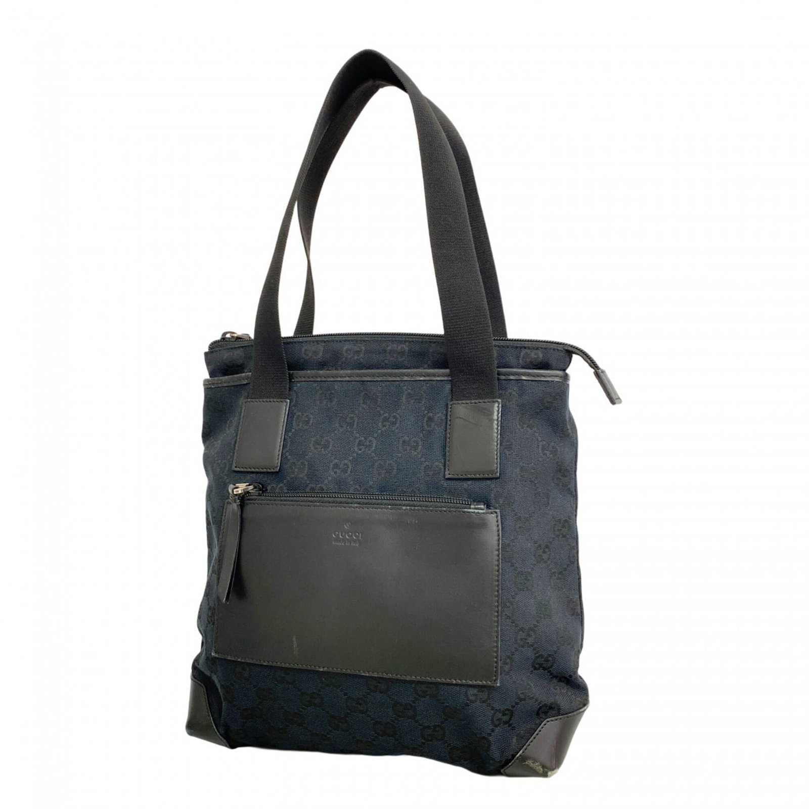 Canvas Gucci Tote: Canvas Gucci Tote Canvas Gucci Tote in Black and Navy, featuring silver hardware, with a classic design and timeless appeal. Measuring 27cm x 23.5cm x 10.5cm, it's a versatile and stylish accessory fo