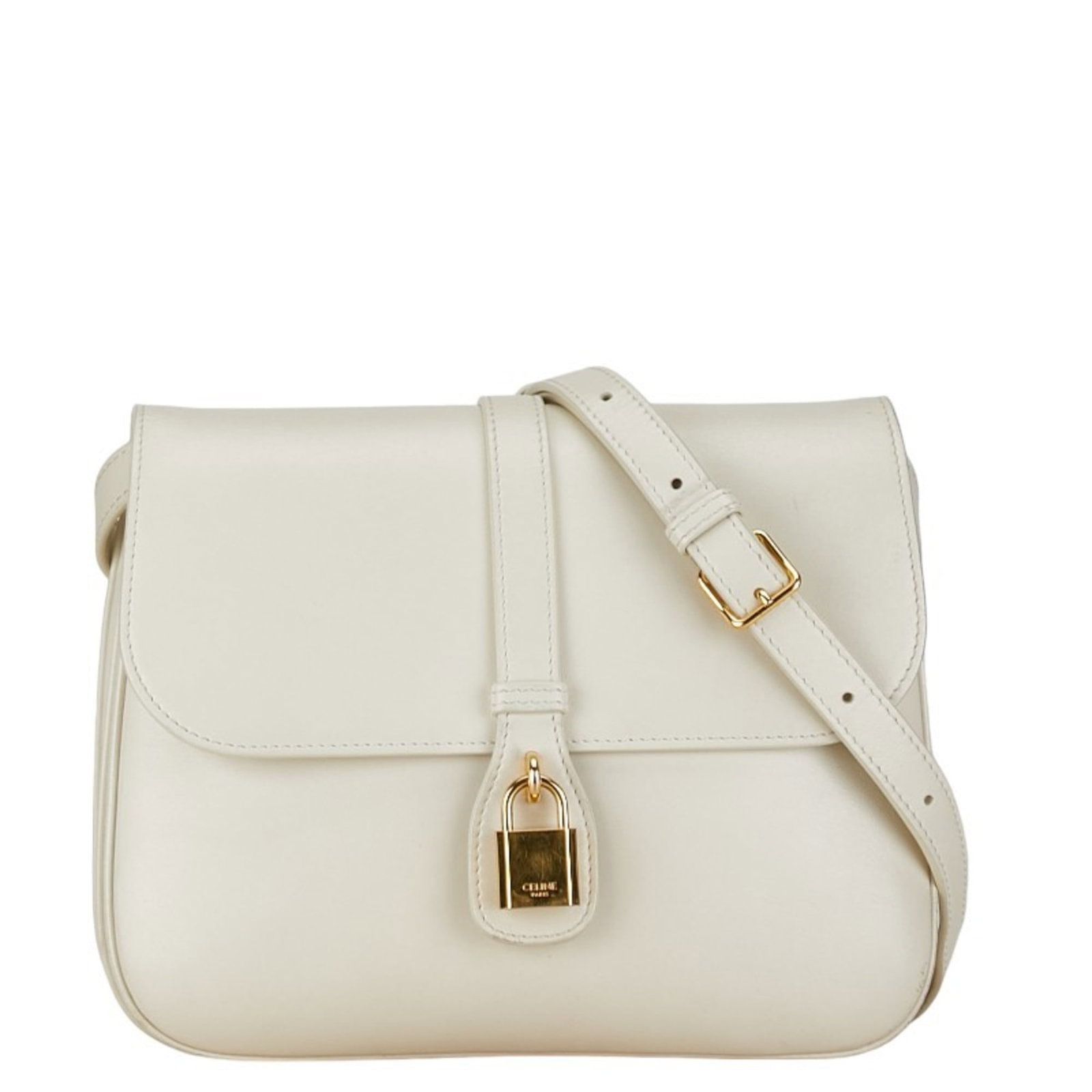 Celine bag shoulder leather: Celine bag shoulder leather White Celine shoulder bag made from high-quality leather, featuring a classic design with a 53cm strap drop. The bag has been used and shows signs of wear, including