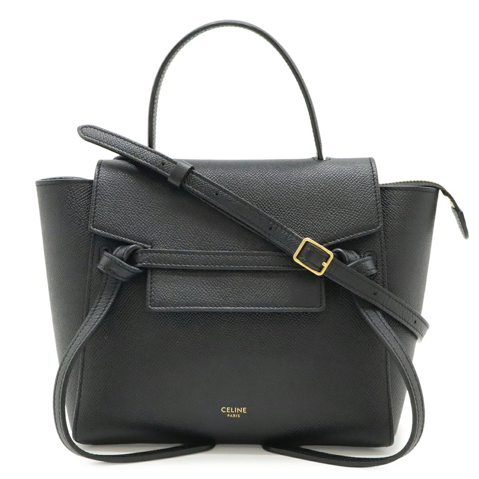 Celine Handbag Shoulder Bag Leather: Celine Handbag Shoulder Bag Leather The Celine Handbag Shoulder Bag Leather is a black leather shoulder bag with a belt closure and outer pocket. Measuring 19cm x 27.5cm x 12cm, it features a classic