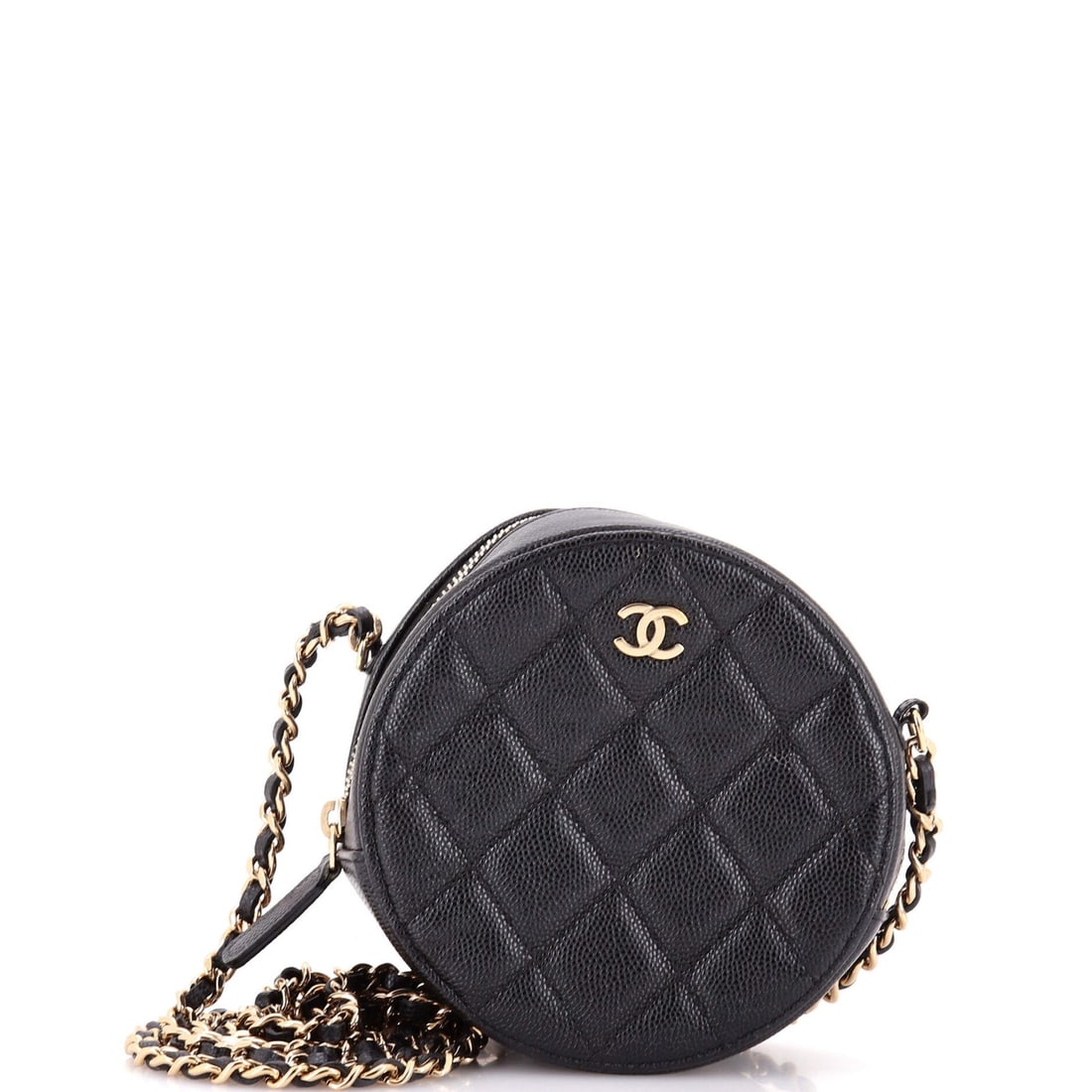 Round clutch with chain quilted caviar mini: Round clutch with chain quilted caviar mini Black leather Round Clutch with Chain Quilted Caviar Mini features a classic design with chain detailing and a small, rounded shape. The exterior shows mino