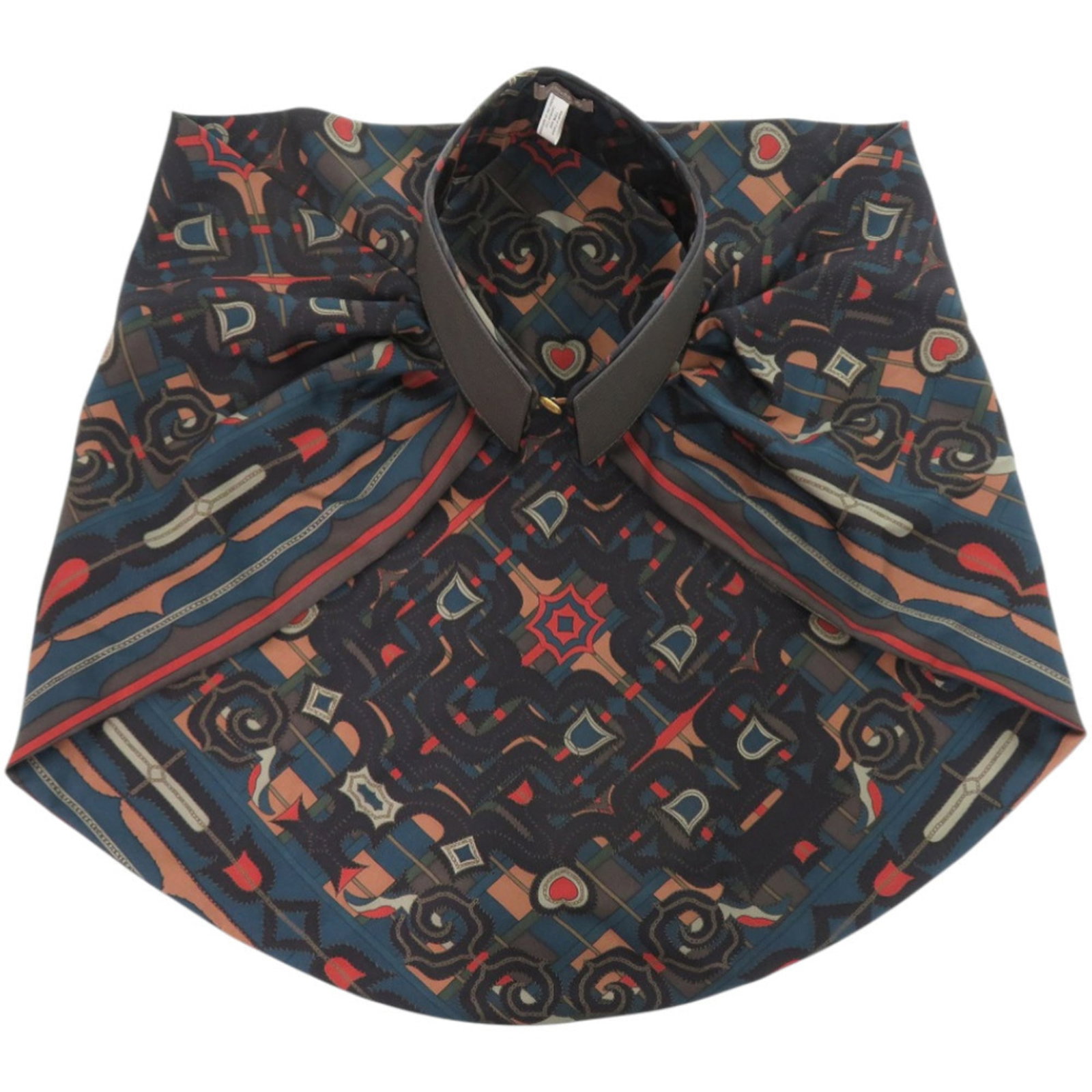 Silk Tippet Leather by Hermes: Silk Tippet Leather by Hermes Silk Tippet Leather by Hermes features a rich brown, gray, and green color palette. Made from high-quality silk and cowhide leather, this unique piece boasts an elegant