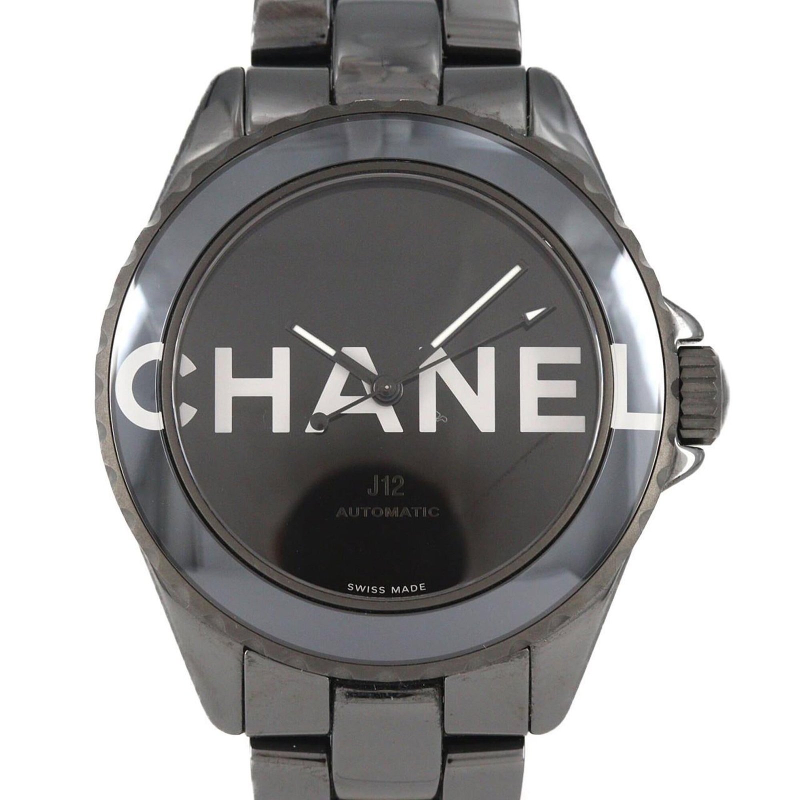 Chanel Wristwatch: Chanel Wristwatch Ceramic case and band, a sleek black dial make up the Chanel wristwatch. Measuring 38mm in diameter, it's designed to fit wrists up to 17.5cm. The watch bears some signs of usage, in