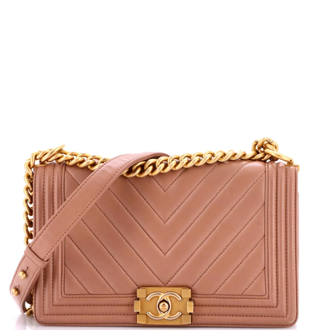 Old Calfskin Boy Chevron Flap Medium Chanel: Old Calfskin Boy Chevron Flap Medium Chanel Old Calfskin Boy Chevron Flap Medium Chanel bag in neutral exterior color, featuring a classic design with heavy corner wear and edge wear. The bag's