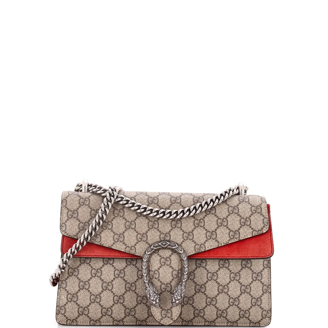 Gucci Small Dionysus Bag Canvas Coated: Gucci Small Dionysus Bag Canvas Coated The Gucci Small Dionysus Bag Canvas Coated boasts a stylish canvas exterior in rich brown, complemented by sleek aged silver hardware. This small shoulder bag
