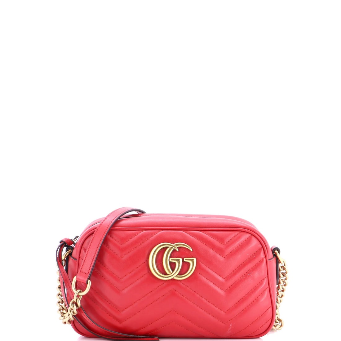 Gucci GG Marmont Shoulder Bag Matelasse Leather Small: Gucci GG Marmont Shoulder Bag Matelasse Leather Small Small Gucci GG Marmont Shoulder Bag in Matelasse Leather, featuring a classic cross body design with a bold red exterior. The bag's neutral interi