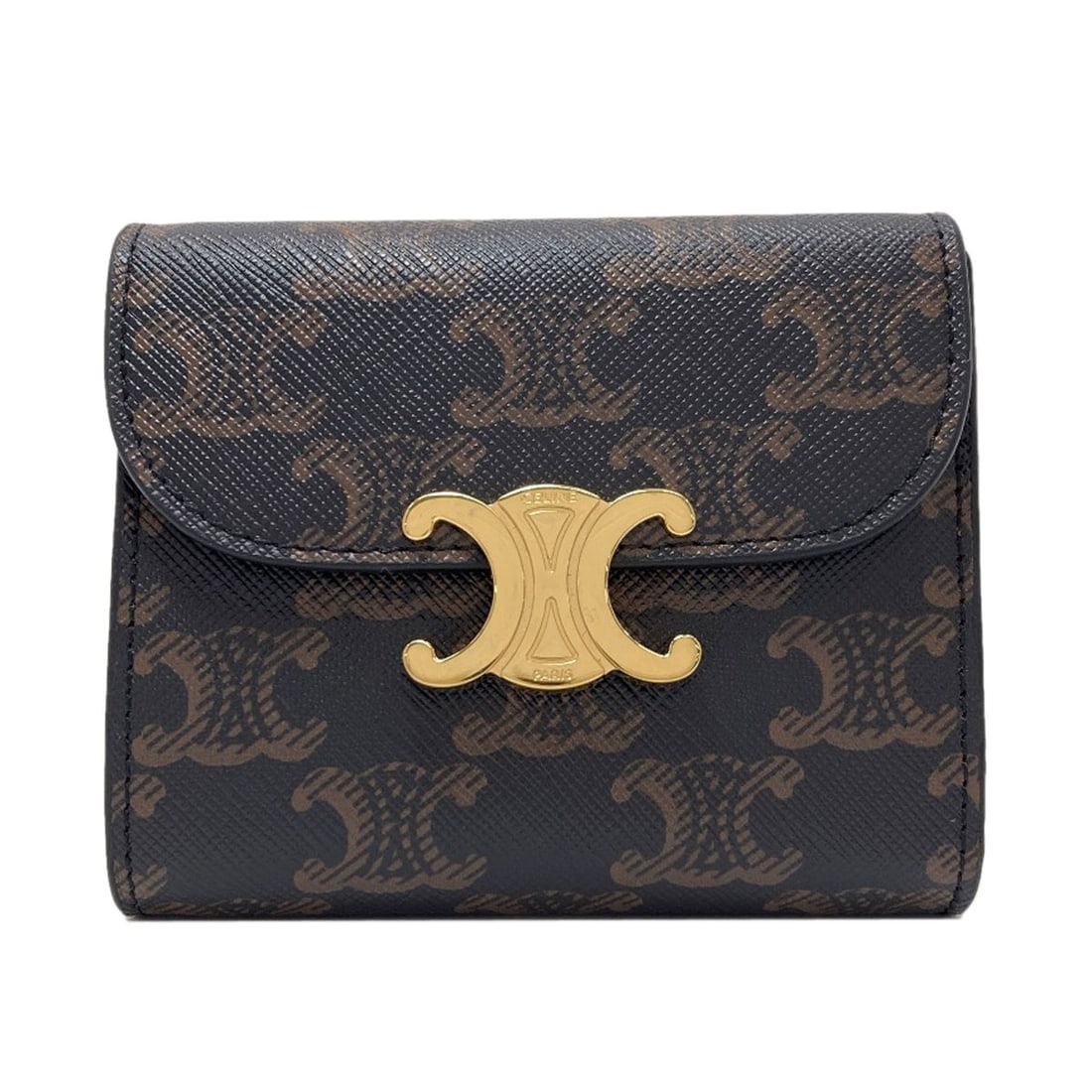 Celine Triomphe Bifold Wallet With Coin Pocket Leather: Celine Triomphe Bifold Wallet With Coin Pocket Leather Brown leather Celine Triomphe bifold wallet with coin pocket, featuring a classic design and functional details. The wallet's brown exterior