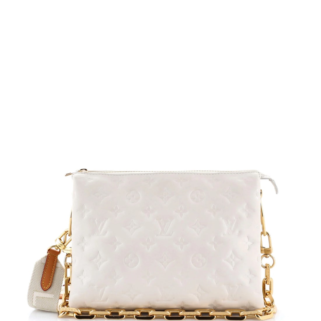Louis Vuitton Coussin Bag Monogram Embossed Lambskin PM: Louis Vuitton Coussin Bag Monogram Embossed Lambskin PM White Louis Vuitton Coussin Bag Monogram Embossed Lambskin PM features a classic cross body design with a gold-toned hardware and green